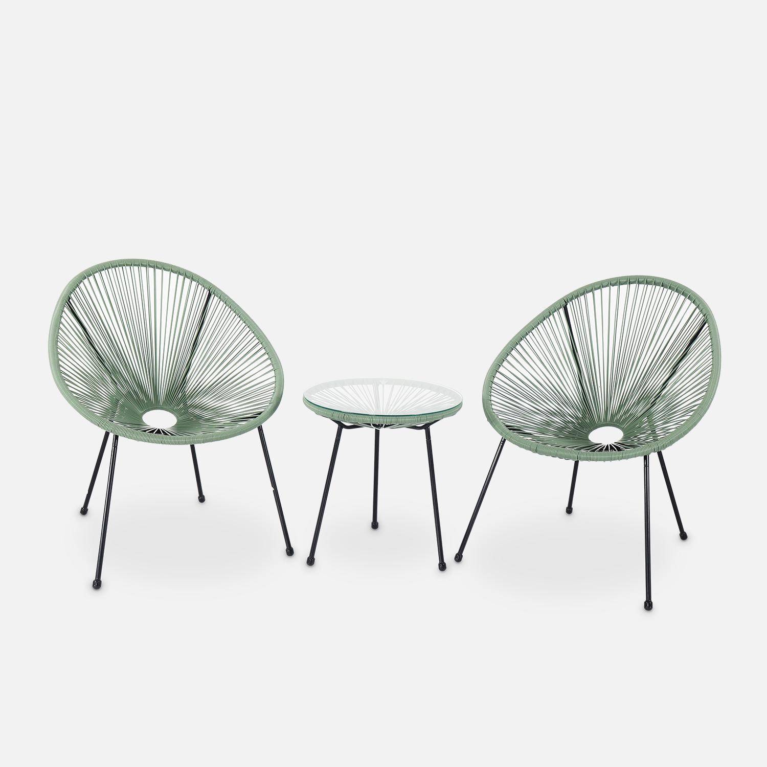 Set mit 2 eiförmigen ACAPULCO-Sesseln mit Beistelltisch - graugrün- 4-beinige Sessel im Retro-Design mit Couchtisch, Kunststoffschnur Photo2