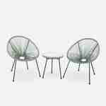Set van 2 ei-vormige stoelen ACAPULCO met bijzettafel - Groengrijs - Stoelen 4 poten design retro, met lage tafel, plastic koorden Photo2