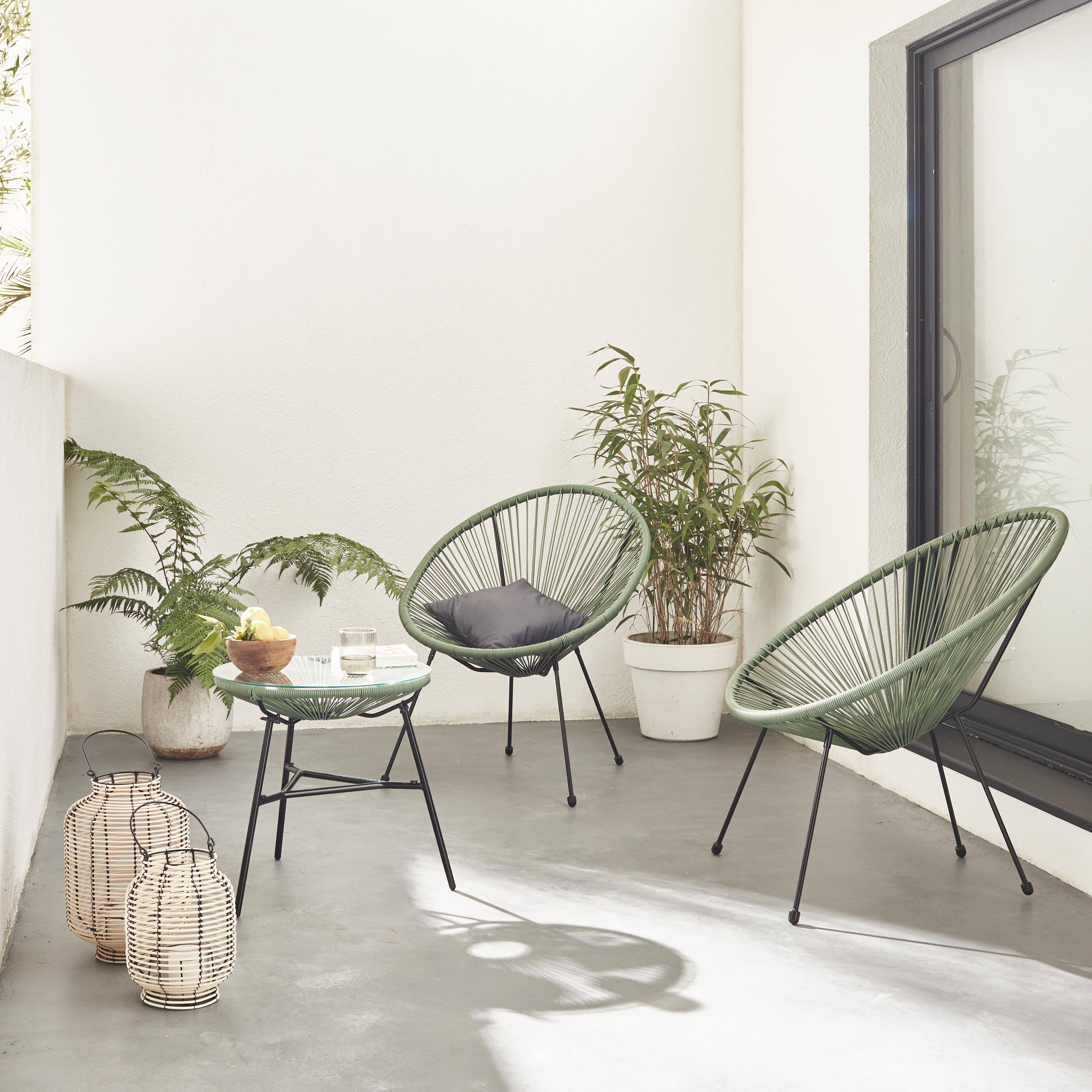 Lot de 2 fauteuils ACAPULCO forme d'oeuf avec table d'appoint - vert de gris - Fauteuils 4 pieds design rétro, avec table basse, cordage plastique Photo1