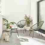 Set van 2 ei-vormige stoelen ACAPULCO met bijzettafel - Groengrijs - Stoelen 4 poten design retro, met lage tafel, plastic koorden Photo1