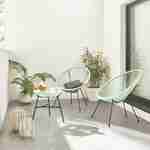 Set van 2 ei-vormige stoelen ACAPULCO met bijzettafel - Watergroen - Stoelen 4 poten design retro, met lage tafel, plastic koorden Photo1