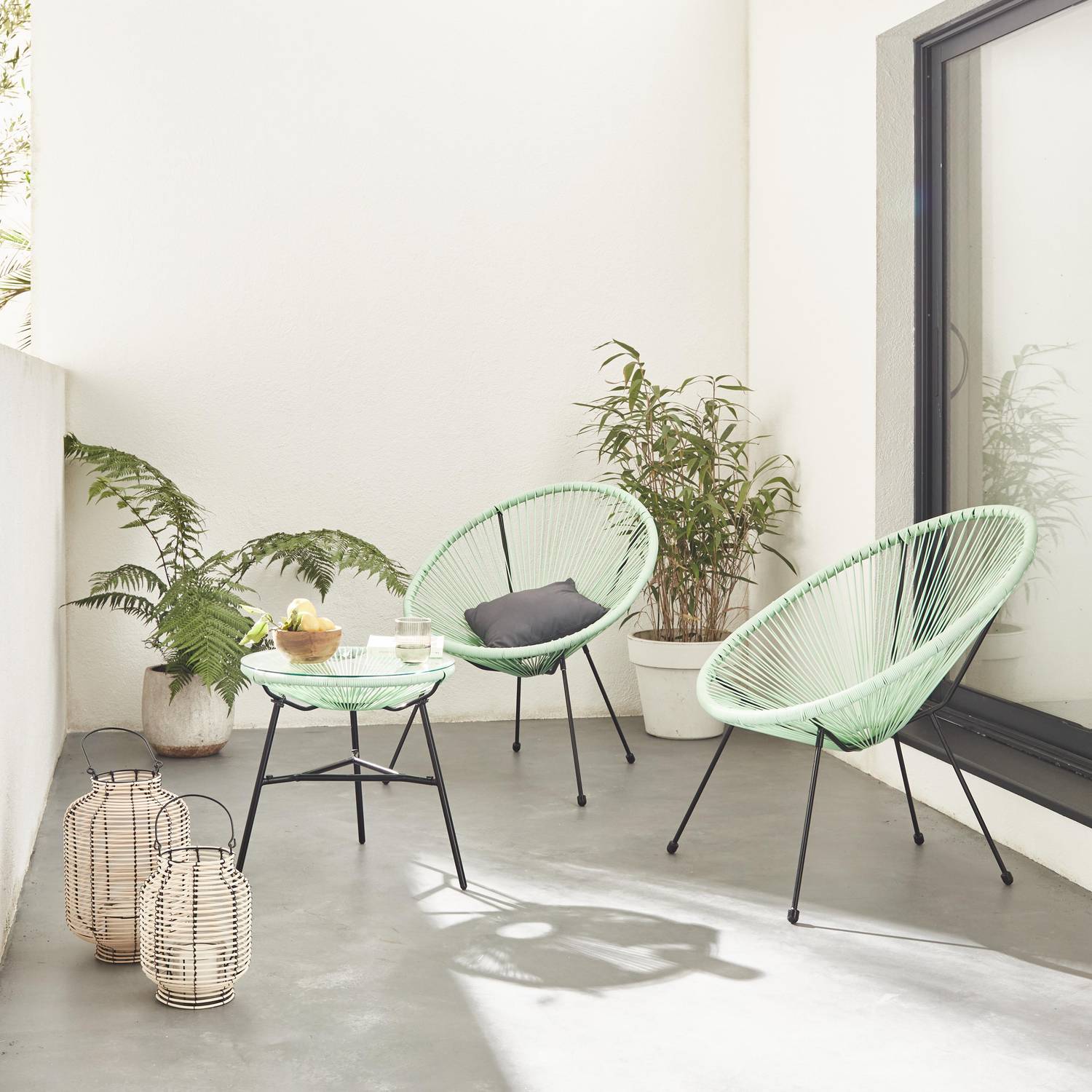 Lot de 2 fauteuils ACAPULCO forme d'oeuf avec table d'appoint - vert d'eau - Fauteuils 4 pieds design rétro, avec table basse, cordage plastique Photo1