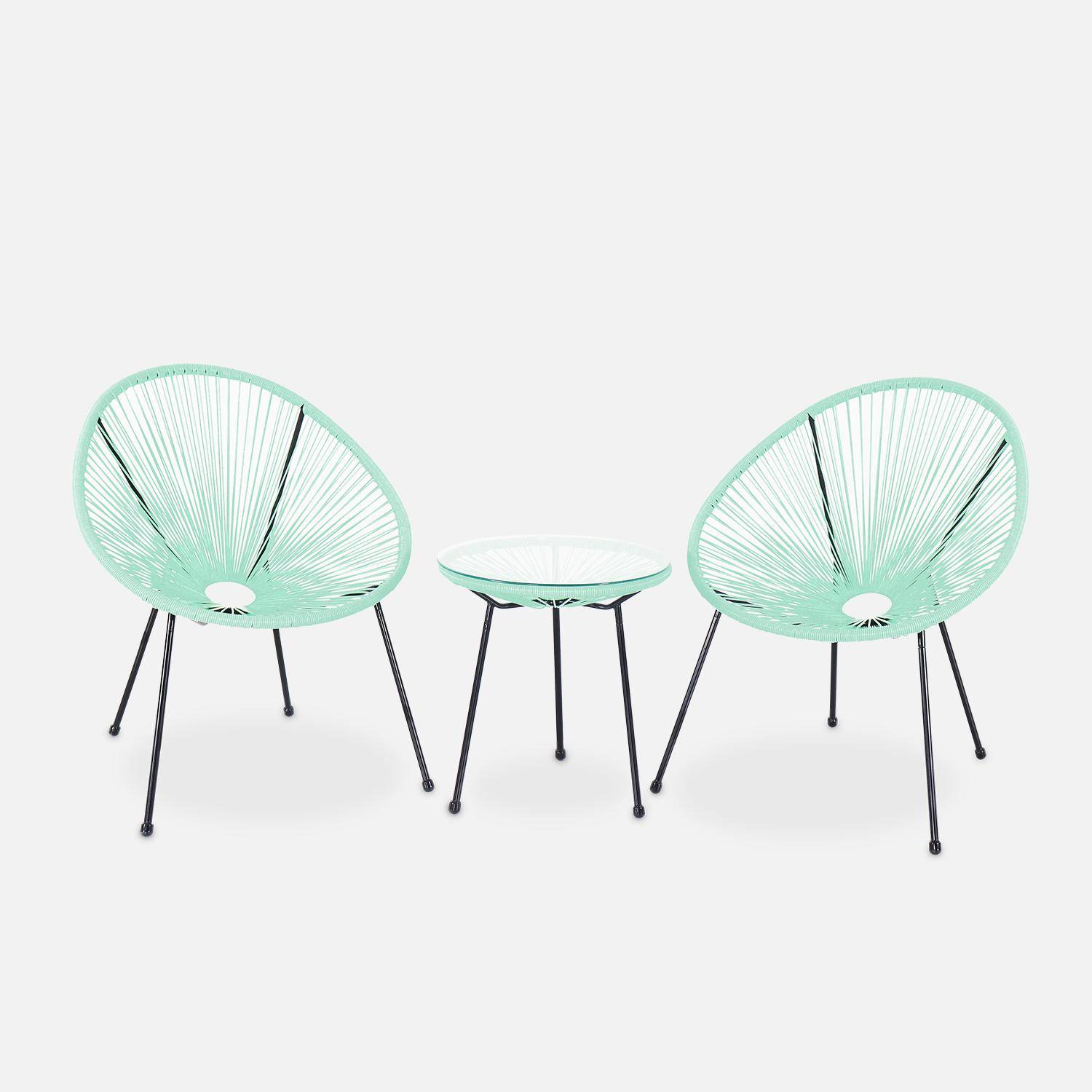 Lot de 2 fauteuils ACAPULCO forme d'oeuf avec table d'appoint - vert d'eau - Fauteuils 4 pieds design rétro, avec table basse, cordage plastique Photo2