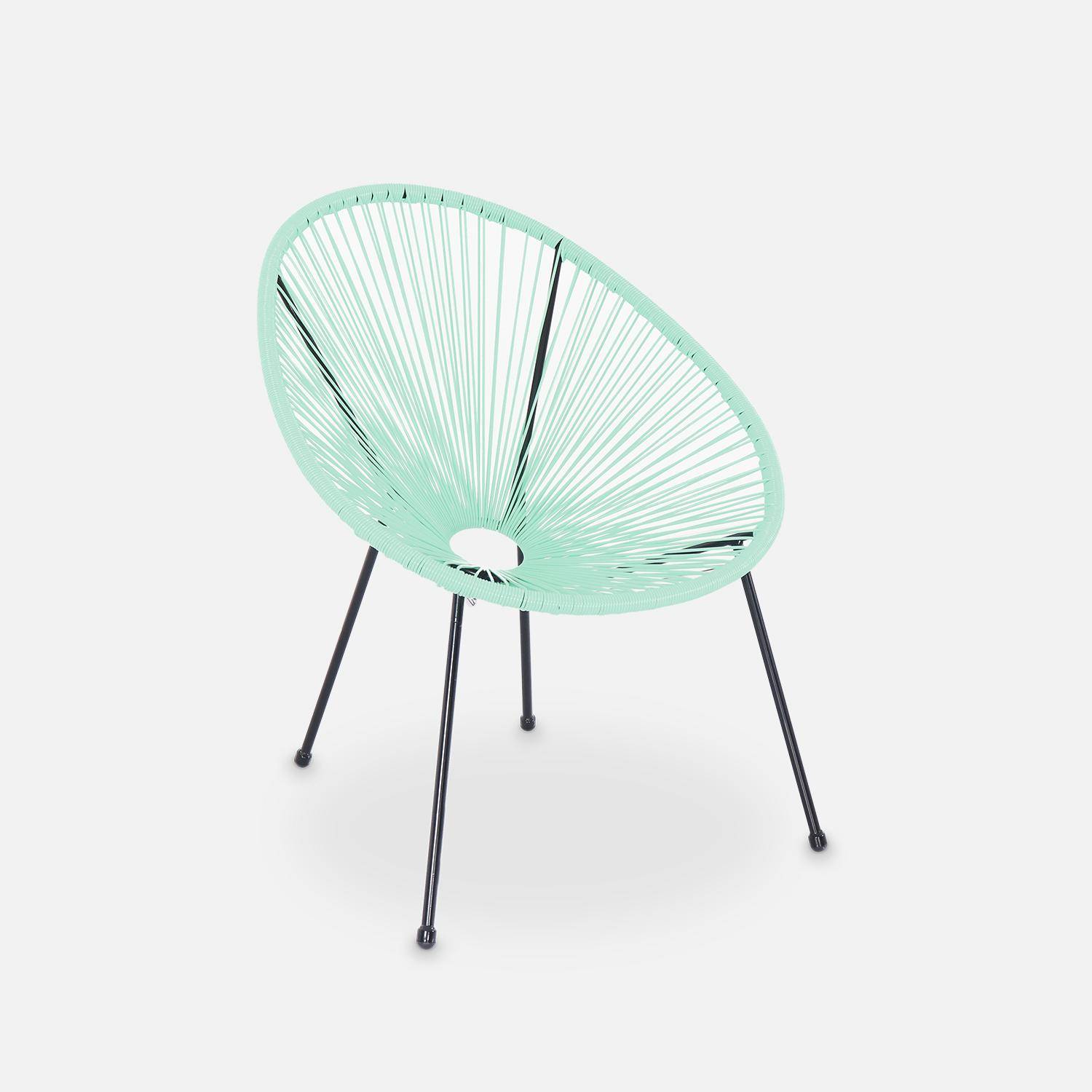 Lot de 2 fauteuils ACAPULCO forme d'oeuf avec table d'appoint - vert d'eau - Fauteuils 4 pieds design rétro, avec table basse, cordage plastique Photo3