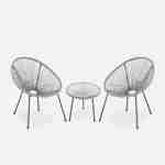 Lot de 2 fauteuils ACAPULCO forme d'oeuf avec table d'appoint - Gris foncé - Fauteuils 4 pieds design rétro, avec table basse, cordage plastique Photo2