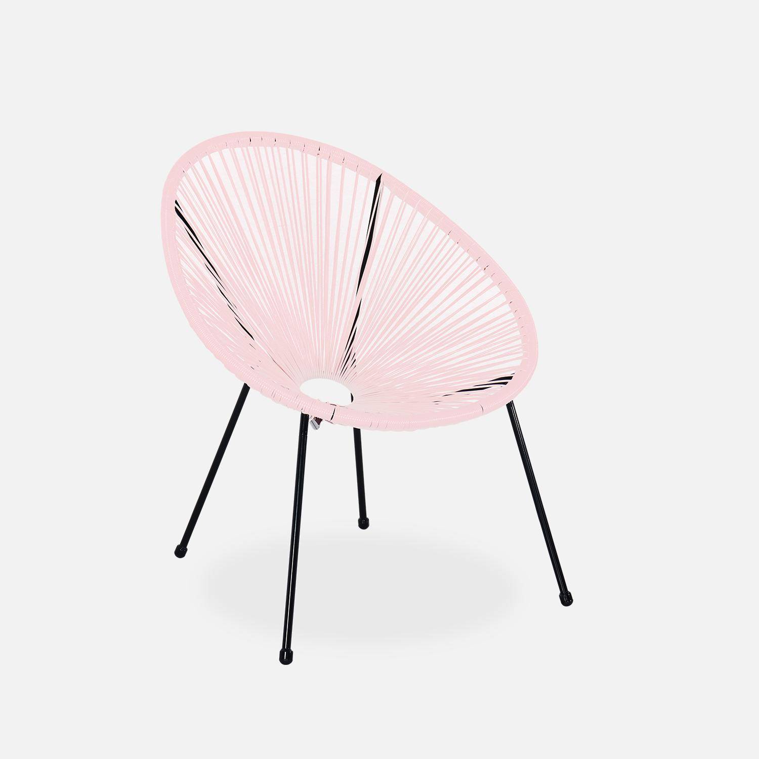 Lot de 2 fauteuils ACAPULCO forme d'oeuf avec table d'appoint - Rose pale - Fauteuils 4 pieds design rétro, avec table basse, cordage plastique Photo3
