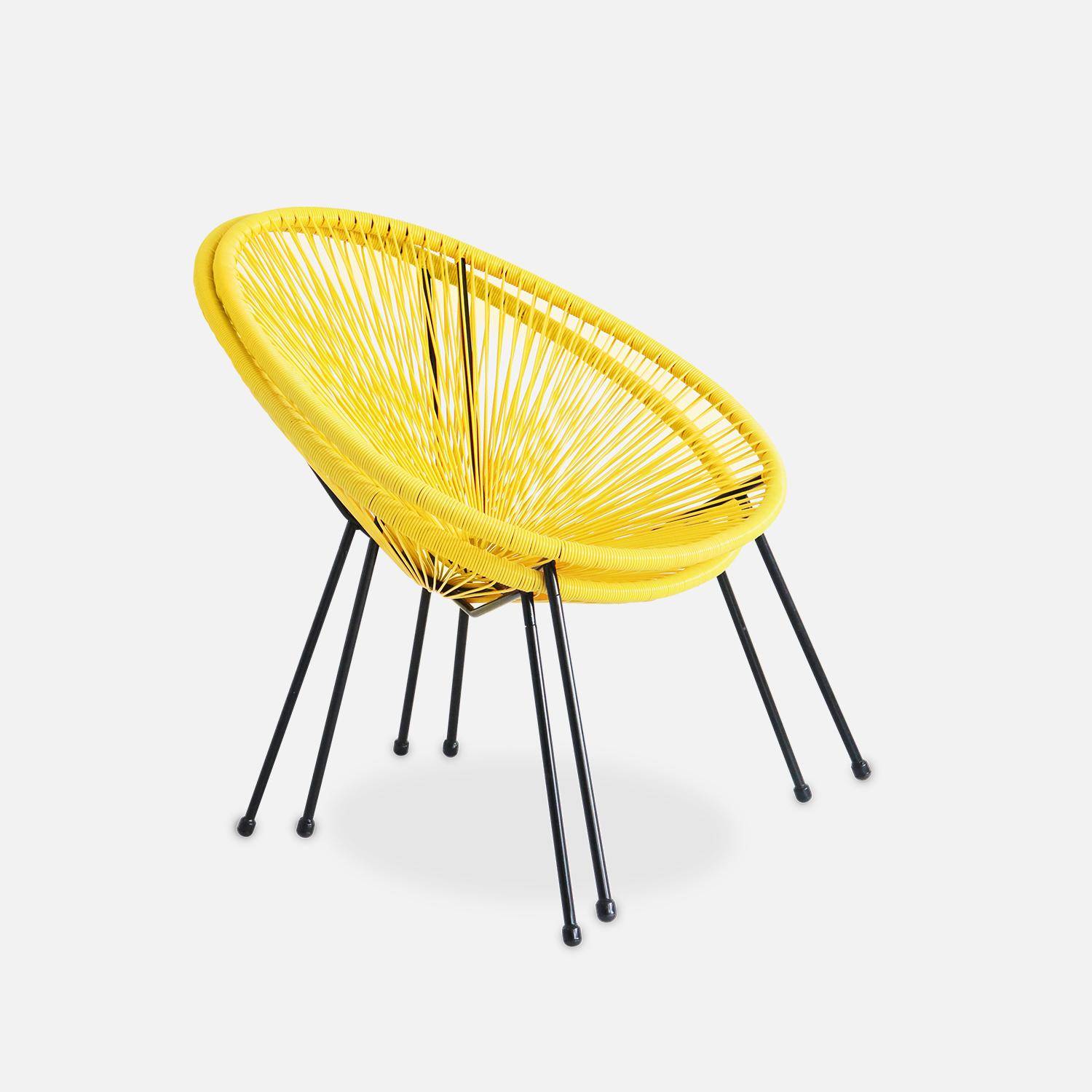 Set van 2 ei-vormige stoelen ACAPULCO met bijzettafel - Geel - Stoelen 4 poten design retro, met lage tafel, plastic koorden Photo6