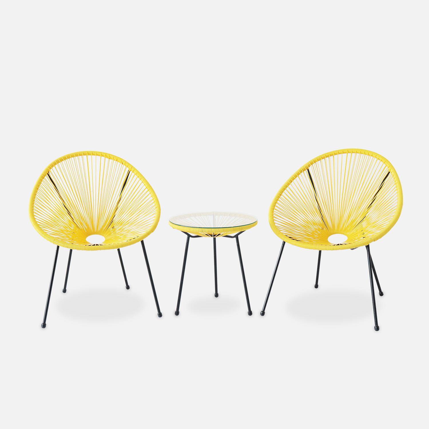 Set mit 2 eiförmigen ACAPULCO-Sesseln mit Beistelltisch - Gelb - 4-beinige Sessel im Retro-Design mit Couchtisch, Kunststoffschnur Photo2