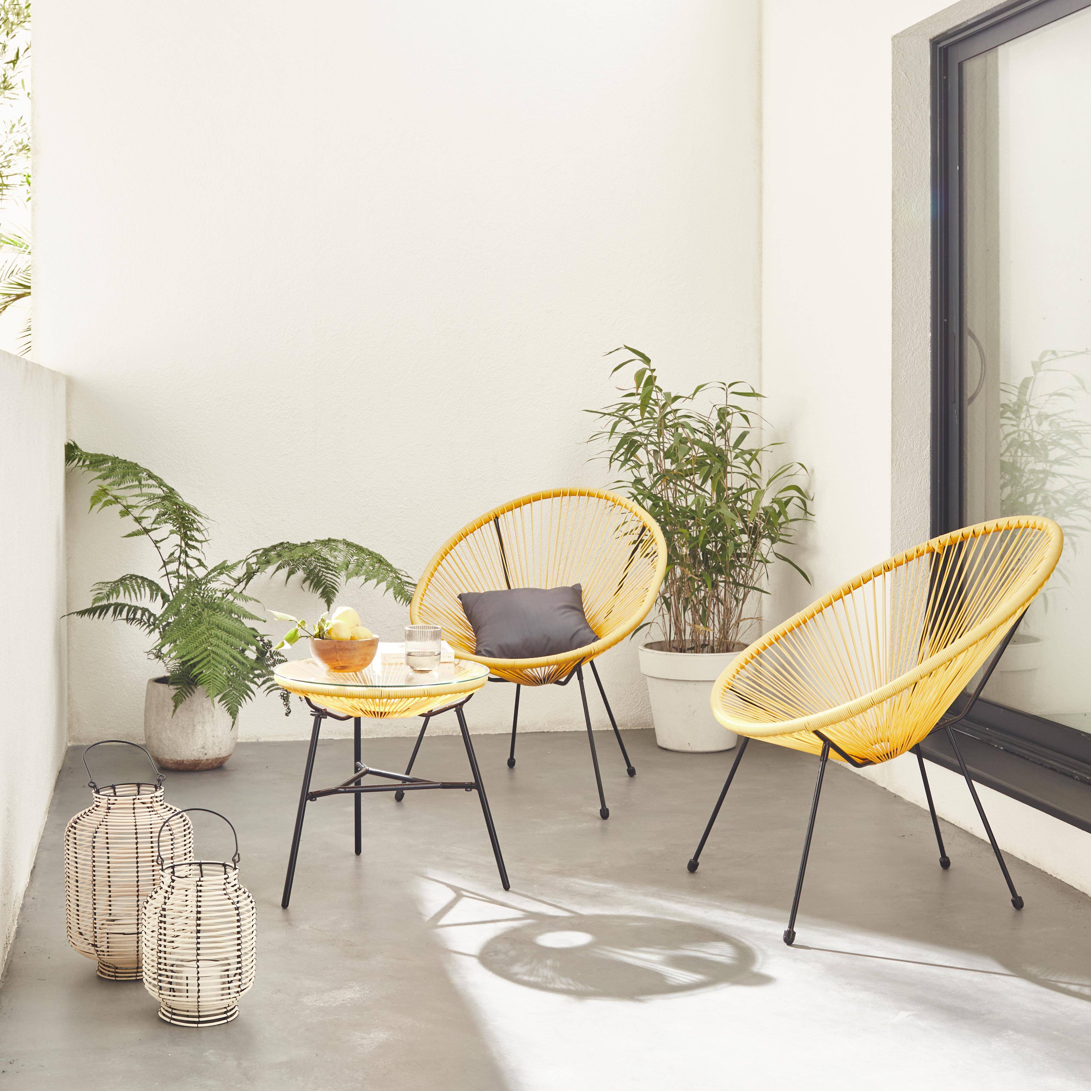 Set mit 2 eiförmigen ACAPULCO-Sesseln mit Beistelltisch - Gelb - 4-beinige Sessel im Retro-Design mit Couchtisch, Kunststoffschnur Photo1