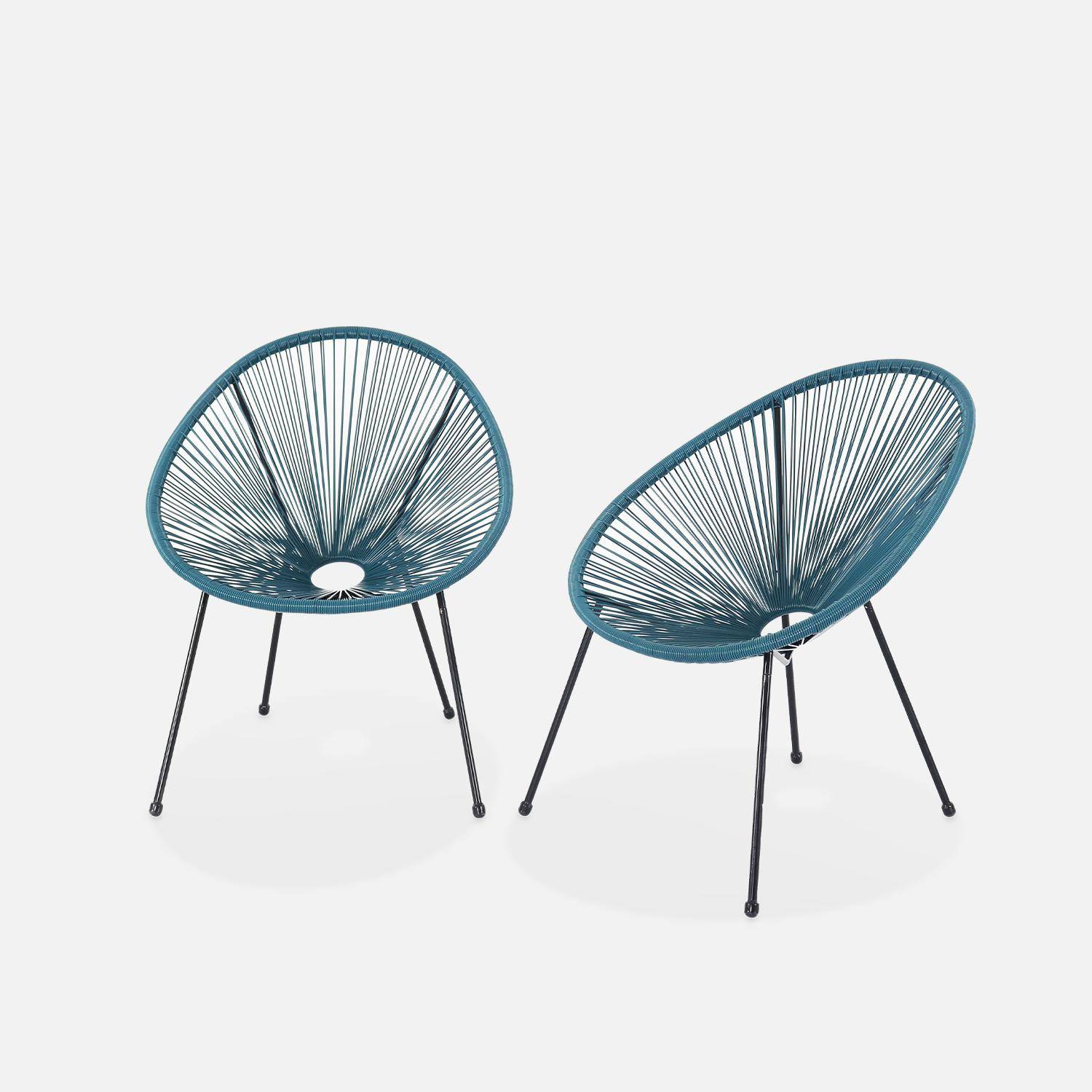Lot de 2 fauteuils design Oeuf - Acapulco bleu canard - Fauteuils 4 pieds design rétro, cordage plastique, intérieur / extérieur Photo2