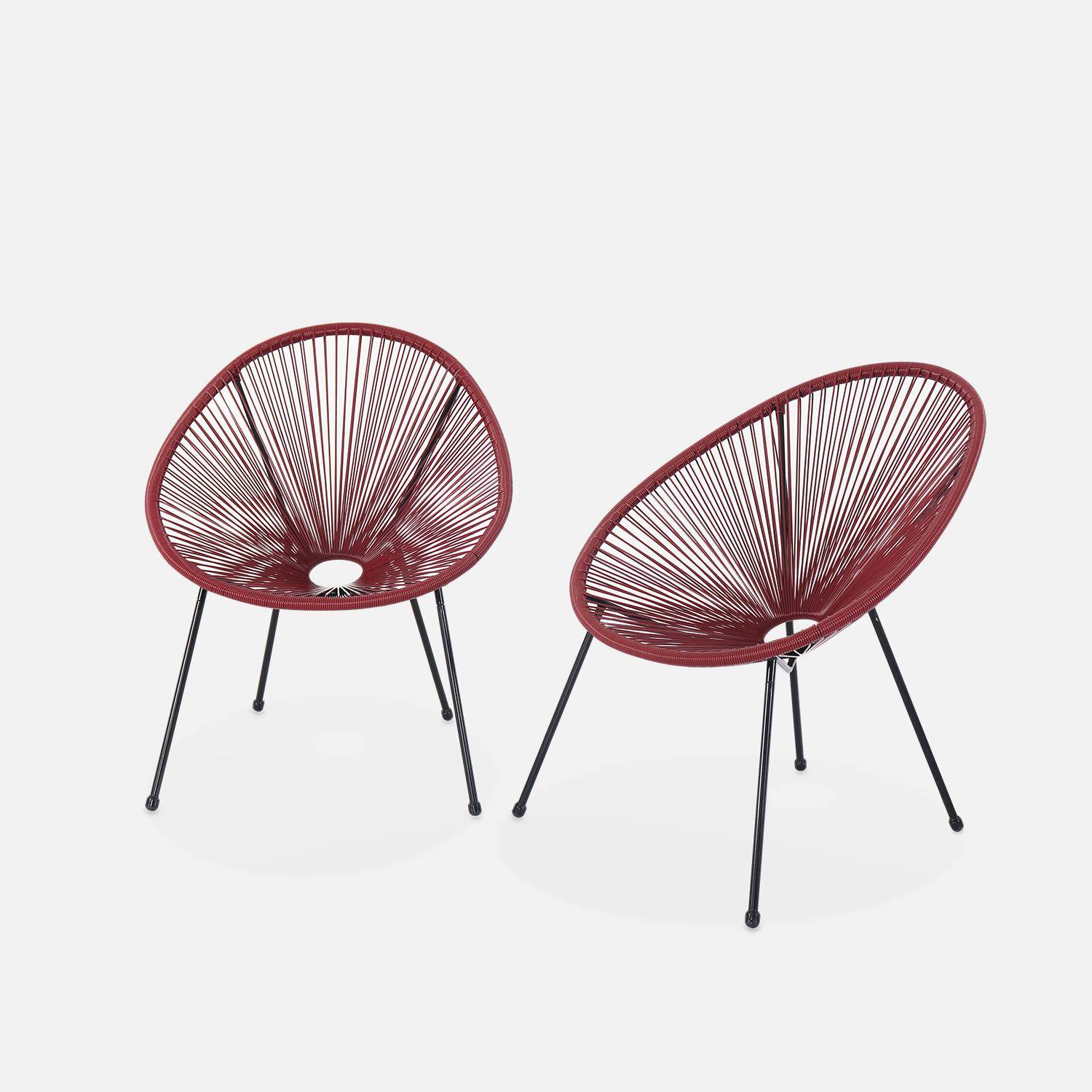 Set mit 2 eierförmigen Sesseln - Acapulco Bordeaux - 4-beiniger Sessel im Retro-Design, Kunststoffschnur, innen / außen Photo2
