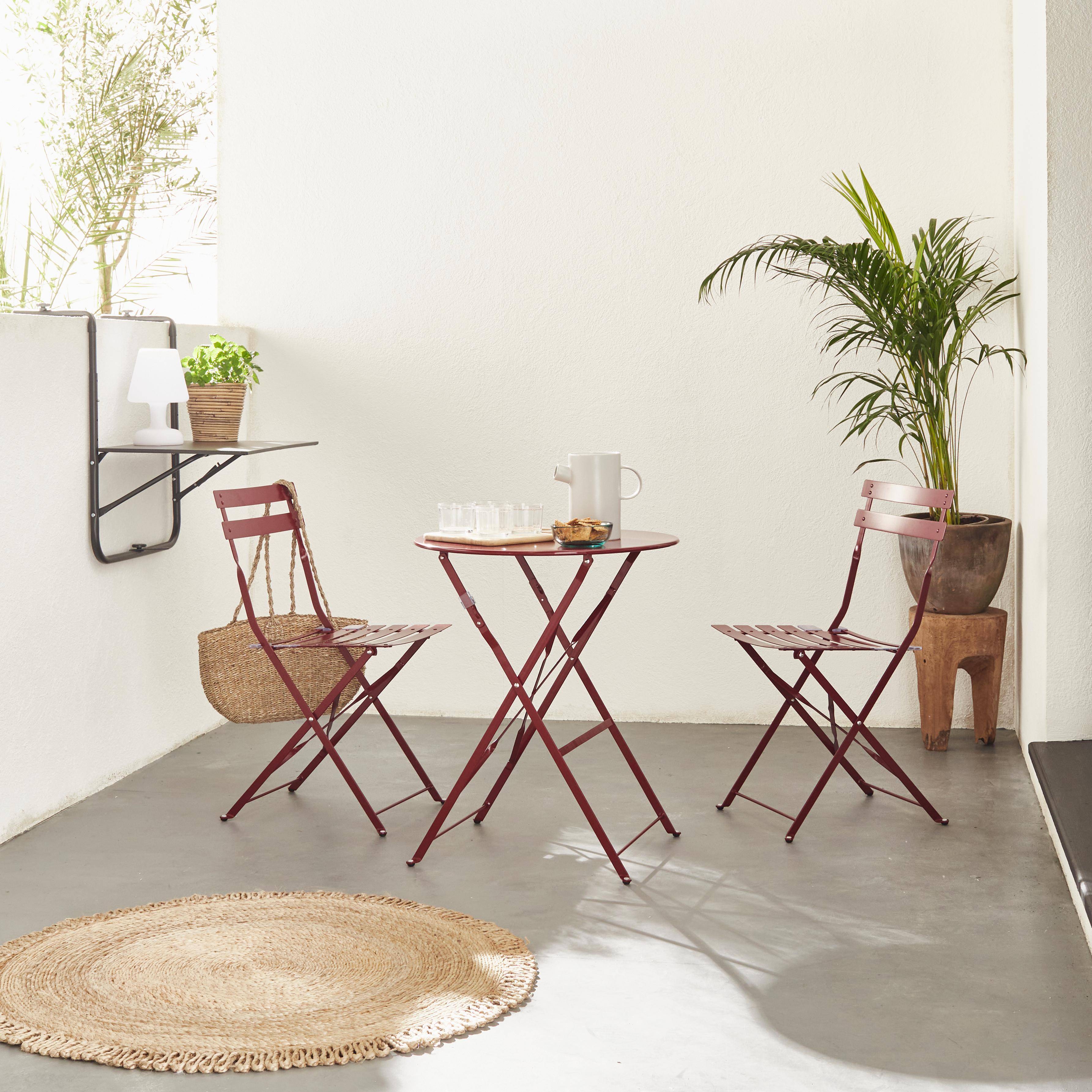 Set da giardino, bar bistro, pieghevole - modello: Emilia, rotondo, colore: Bordeaux - Tavolo ø60cm, con due sedie pieghevoli, acciaio termolaccato Photo1