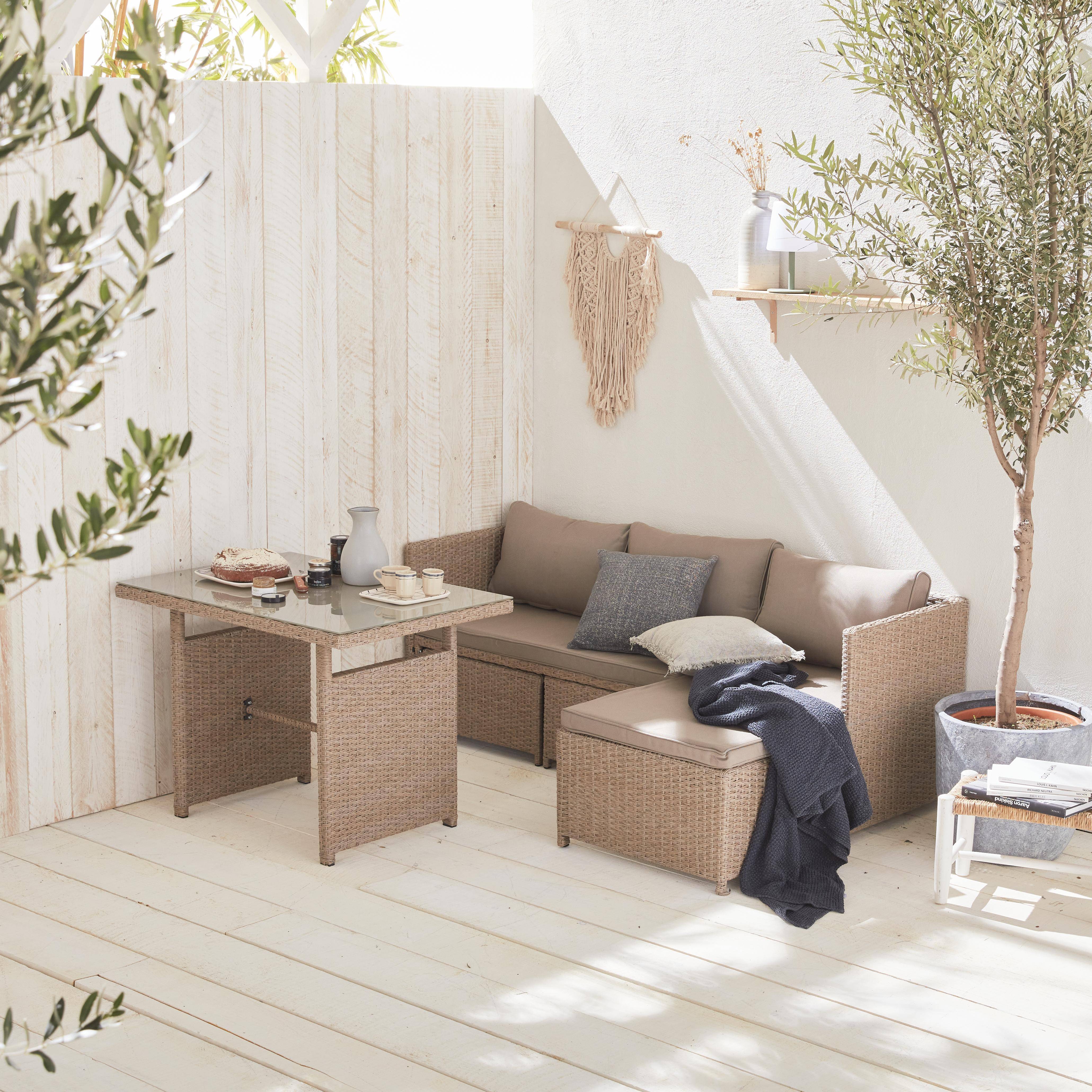 Conjunto de muebles de jardín de 6 plazas - Reggiano - Resina natural, cojines beige, mesa de jardín con sofá, chaise longue y 2 pufs incorporados Photo2