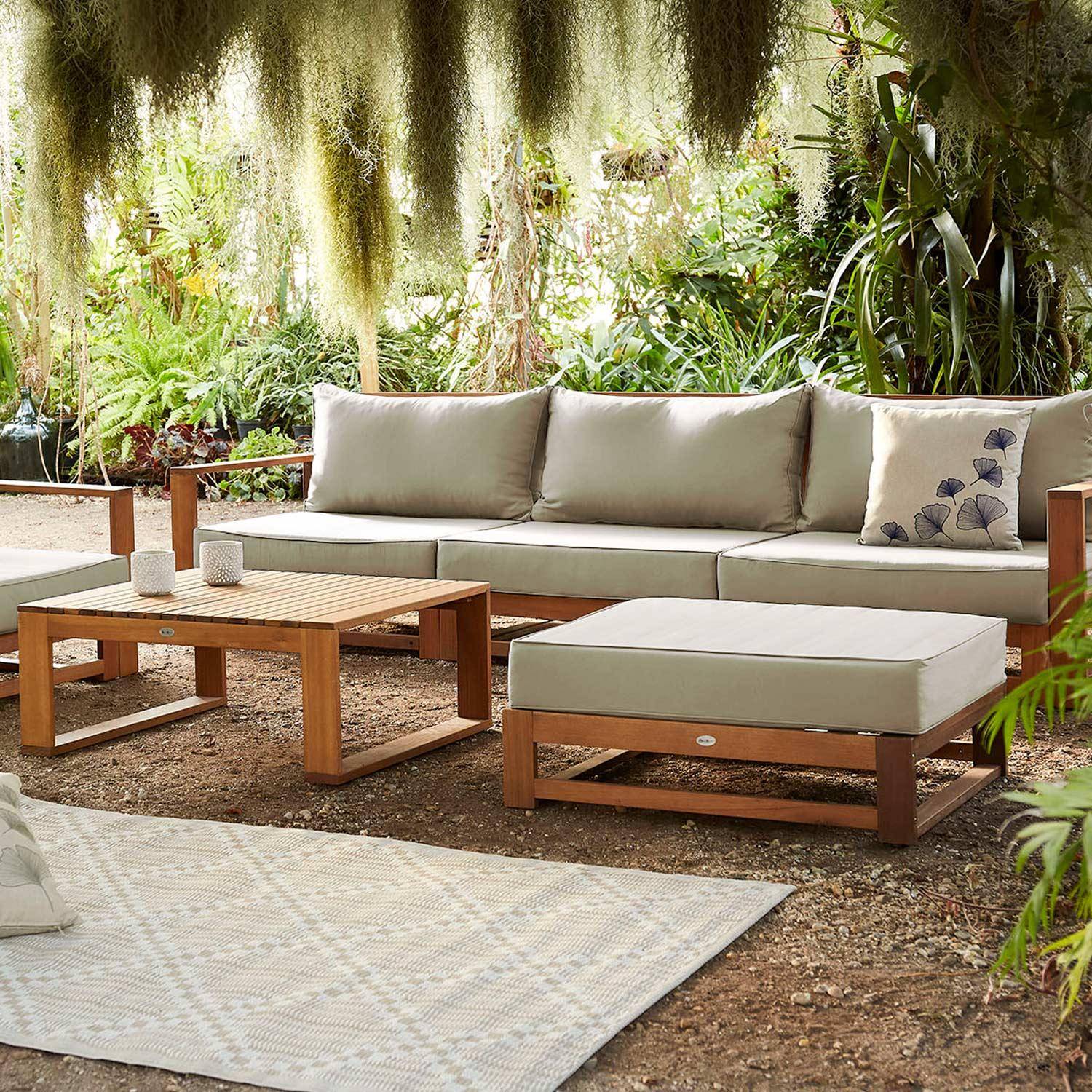 5 lugares móveis de jardim em madeira - Mendoza - Almofadas bege, sofá, poltronas e mesa de café em acácia Photo1