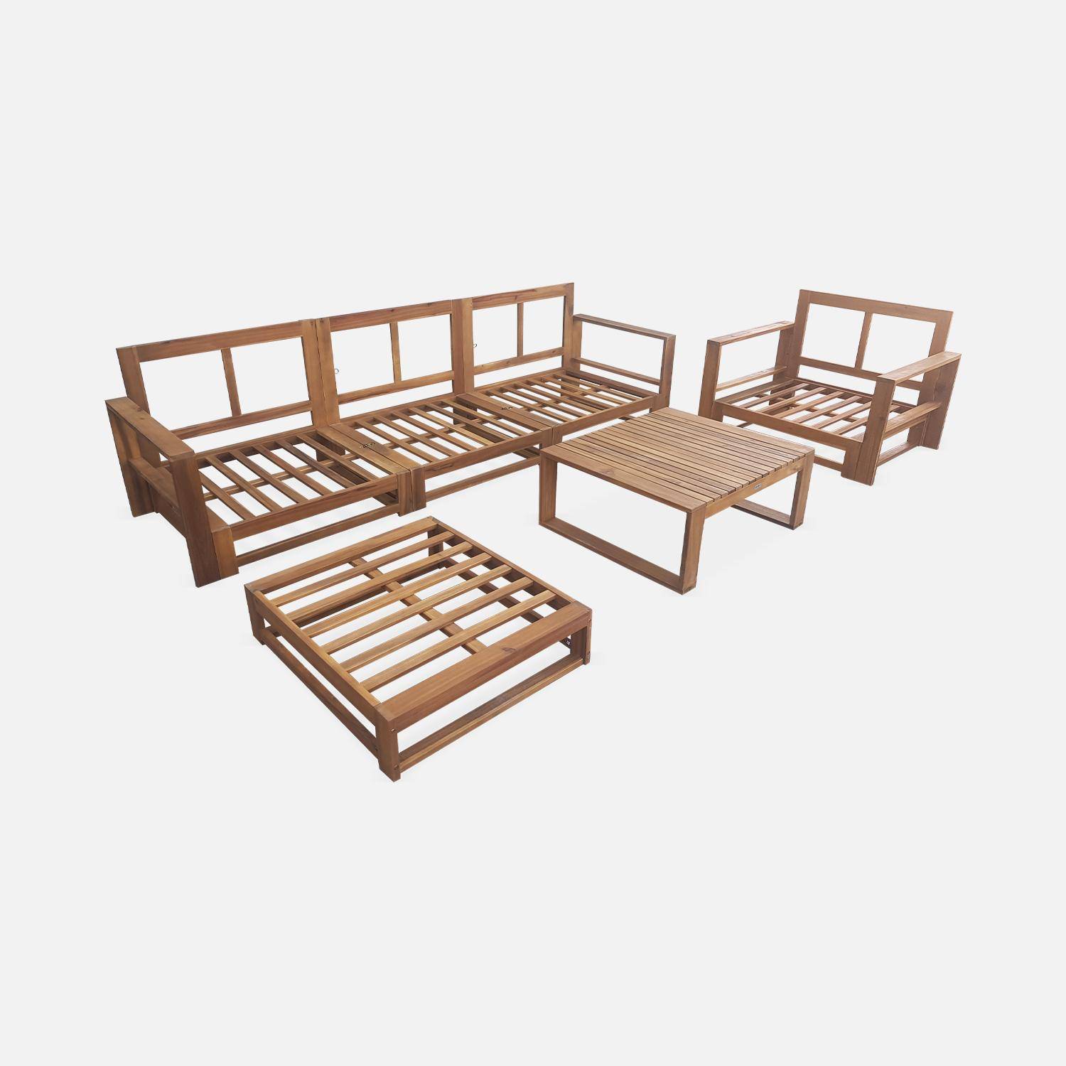 Salon de jardin en bois 5 places - Mendoza - Coussins beiges, canapé, fauteuils et table basse en acacia, 6 éléments modulables, design Photo6