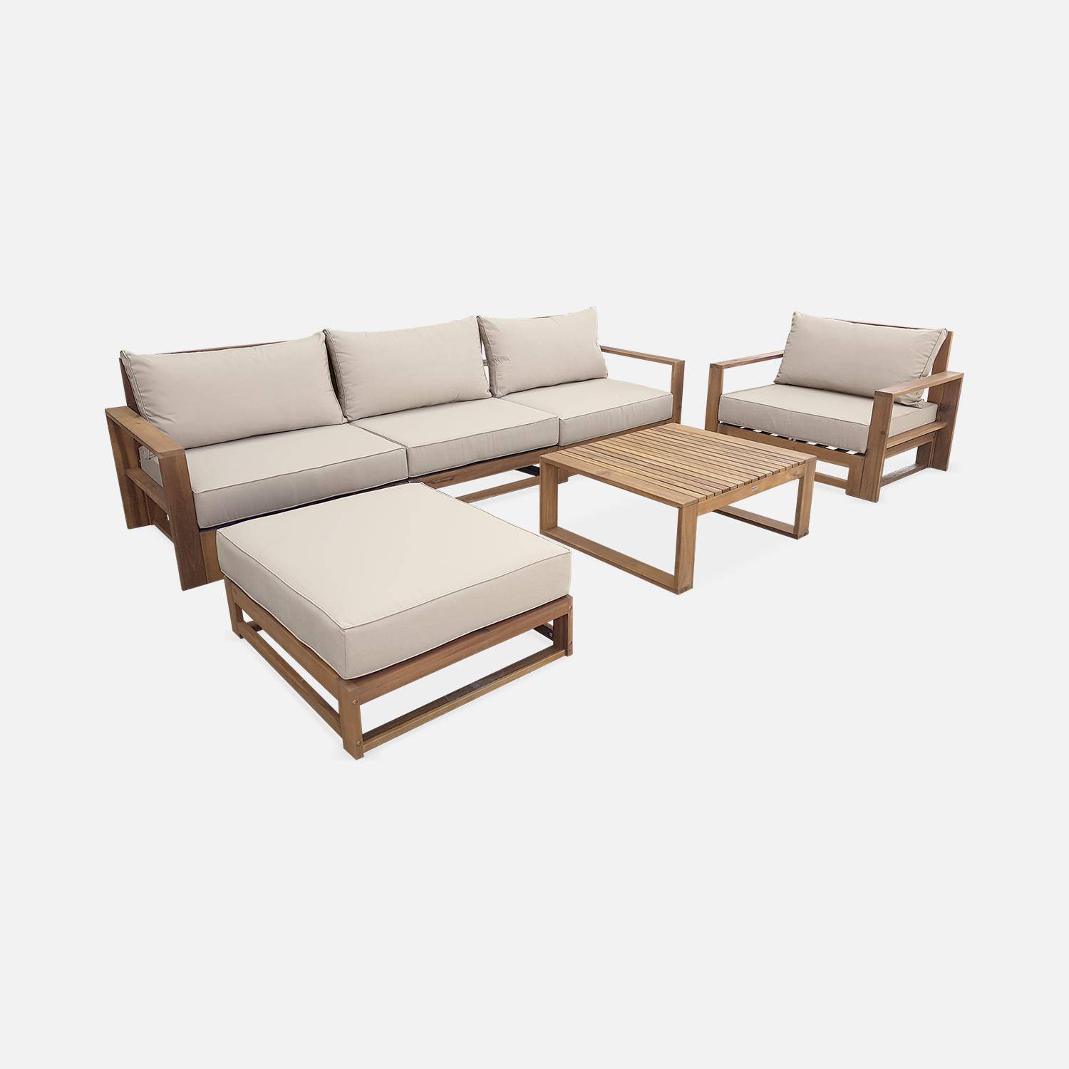 Salon de jardin en bois 5 places - Mendoza - Coussins beiges, canapé, fauteuils et table basse en acacia, 6 éléments modulables, design Photo3