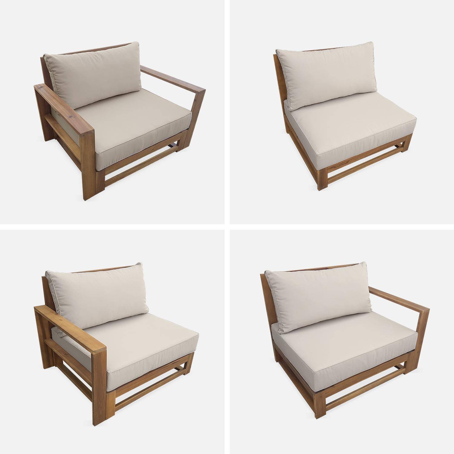 Salon de jardin en bois 5 places - Mendoza - Coussins beiges, canapé, fauteuils et table basse en acacia, 6 éléments modulables, design Photo7