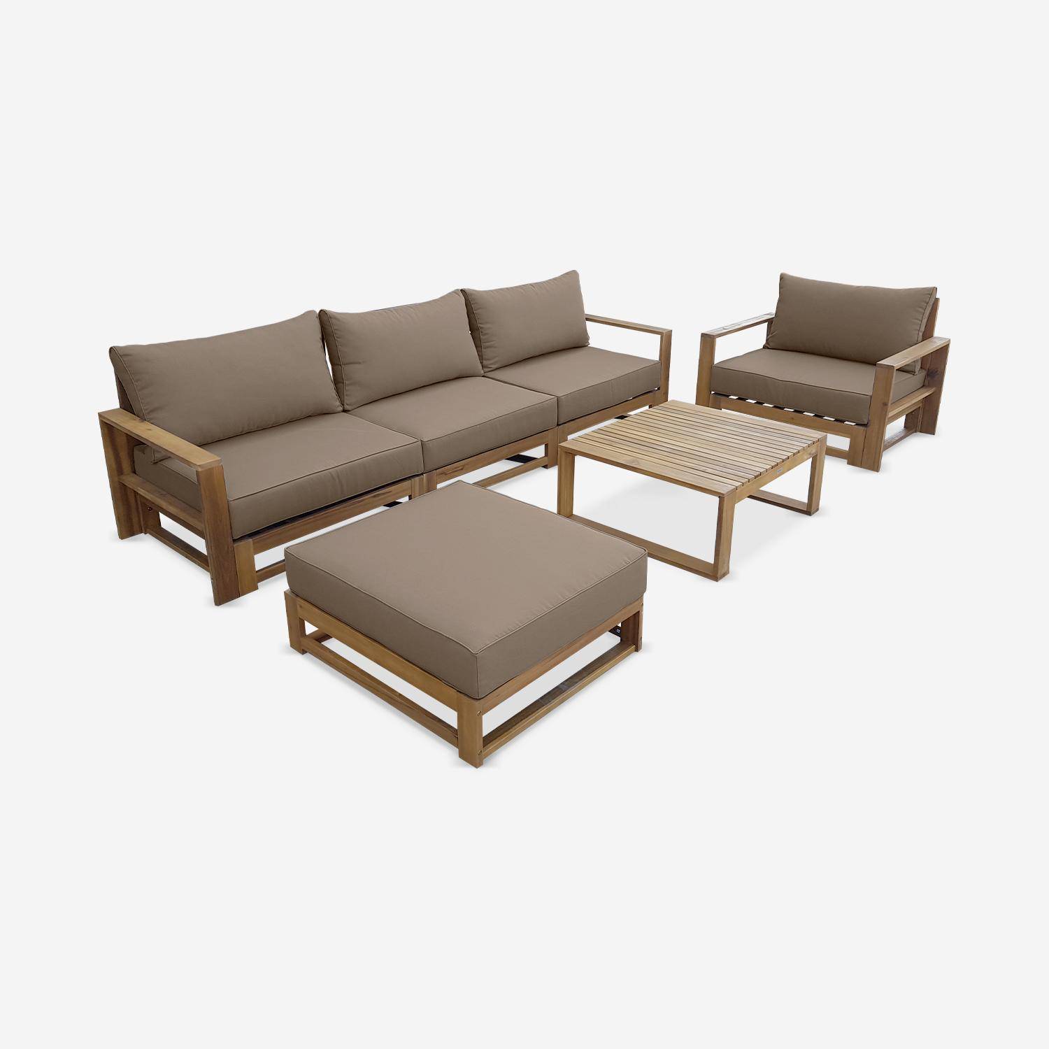 Gartenmöbel aus Holz mit 5 Sitzplätzen - Mendoza - Taupefarbene Kissen, Sofa, Sessel und Couchtisch aus Akazie, 6 modulare Elemente, Design Photo2