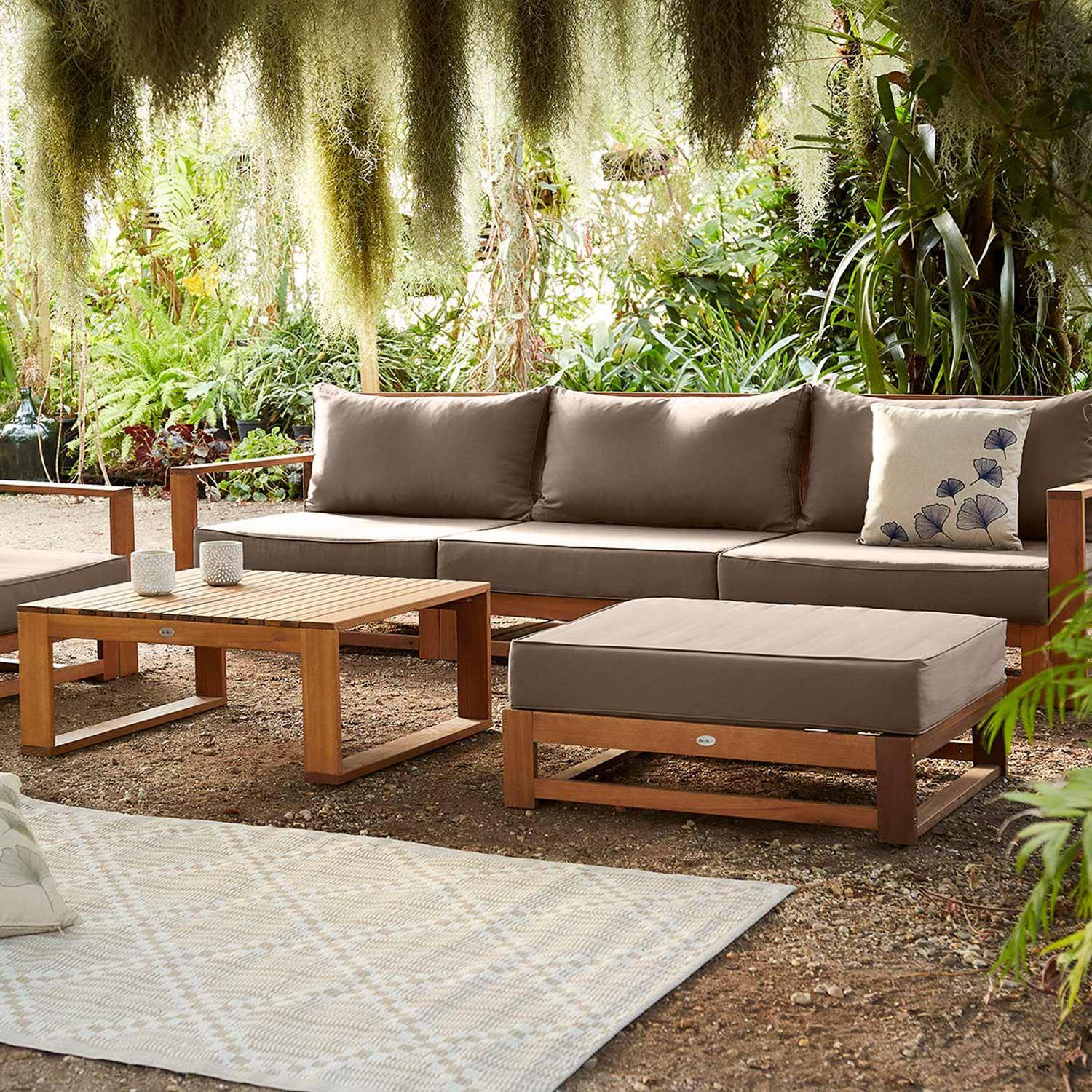 Gartenmöbel aus Holz mit 5 Sitzplätzen - Mendoza - Taupefarbene Kissen, Sofa, Sessel und Couchtisch aus Akazie, 6 modulare Elemente, Design Photo1