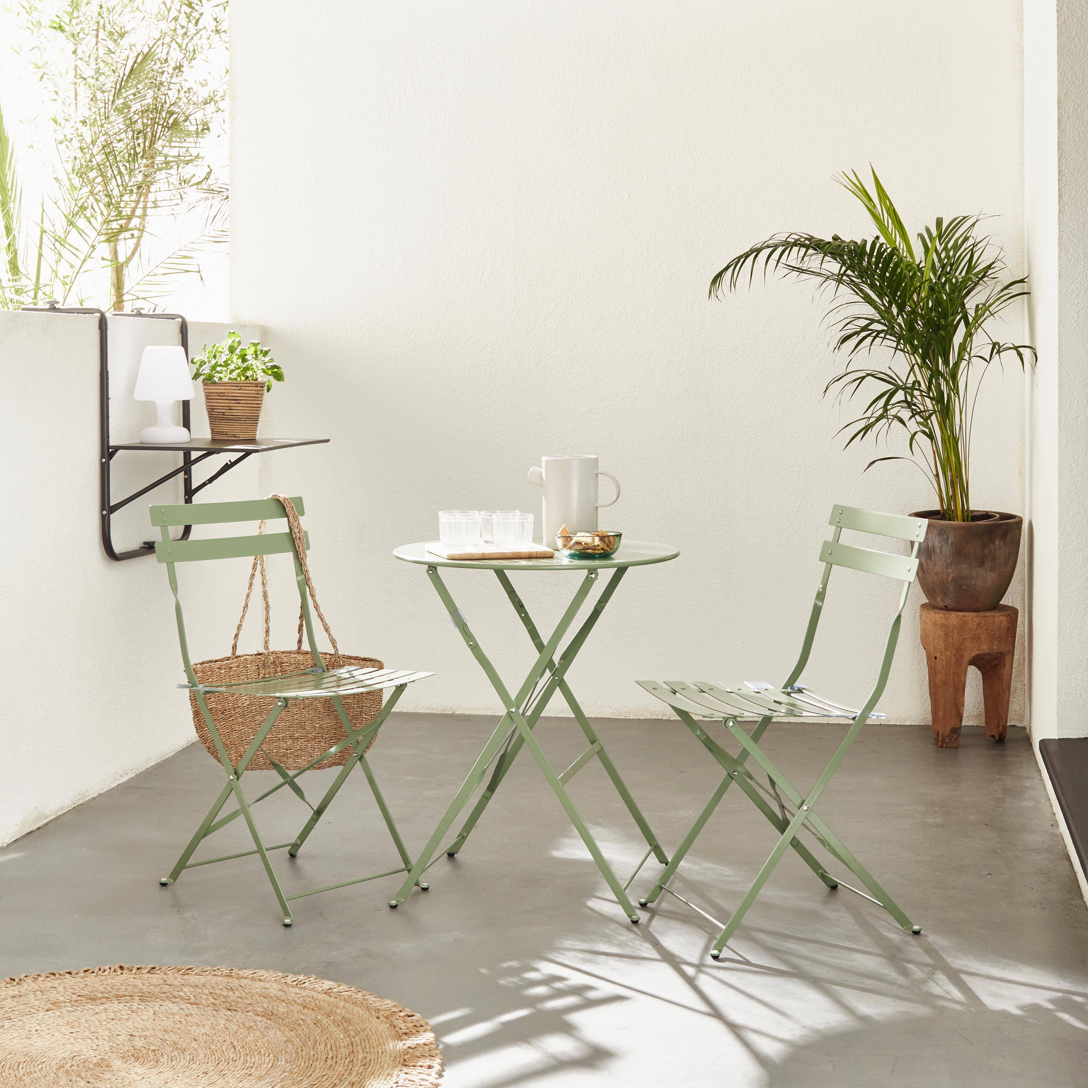 Salon de jardin bistrot pliable - Emilia rond vert de gris - Table Ø60cm avec deux chaises pliantes, acier thermolaqué Photo1