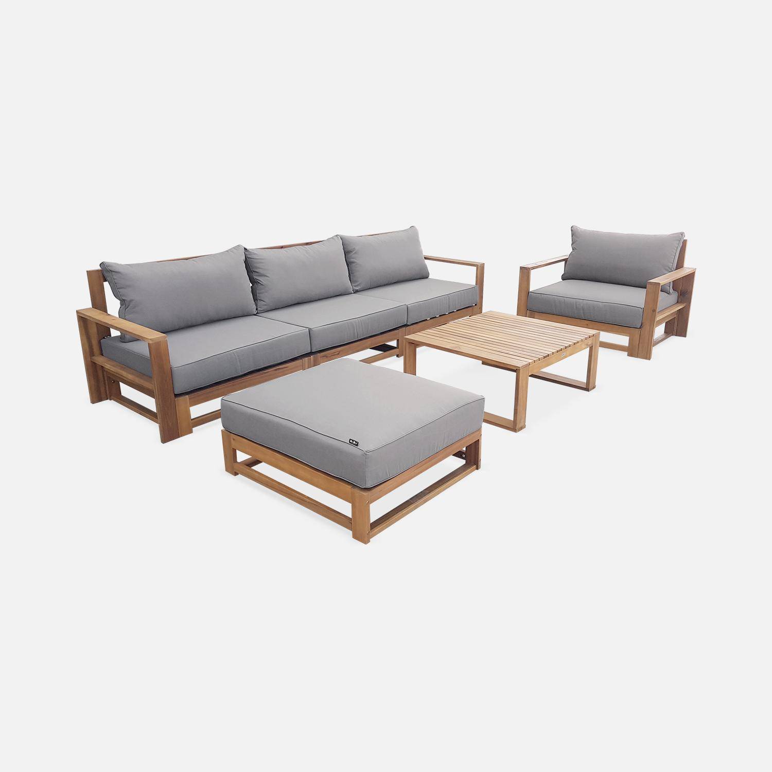 5 lugares móveis de jardim de madeira - Mendoza - almofadas cinza, sofá, poltronas e mesa de café em acácia, 6 elementos modulares, design Photo4