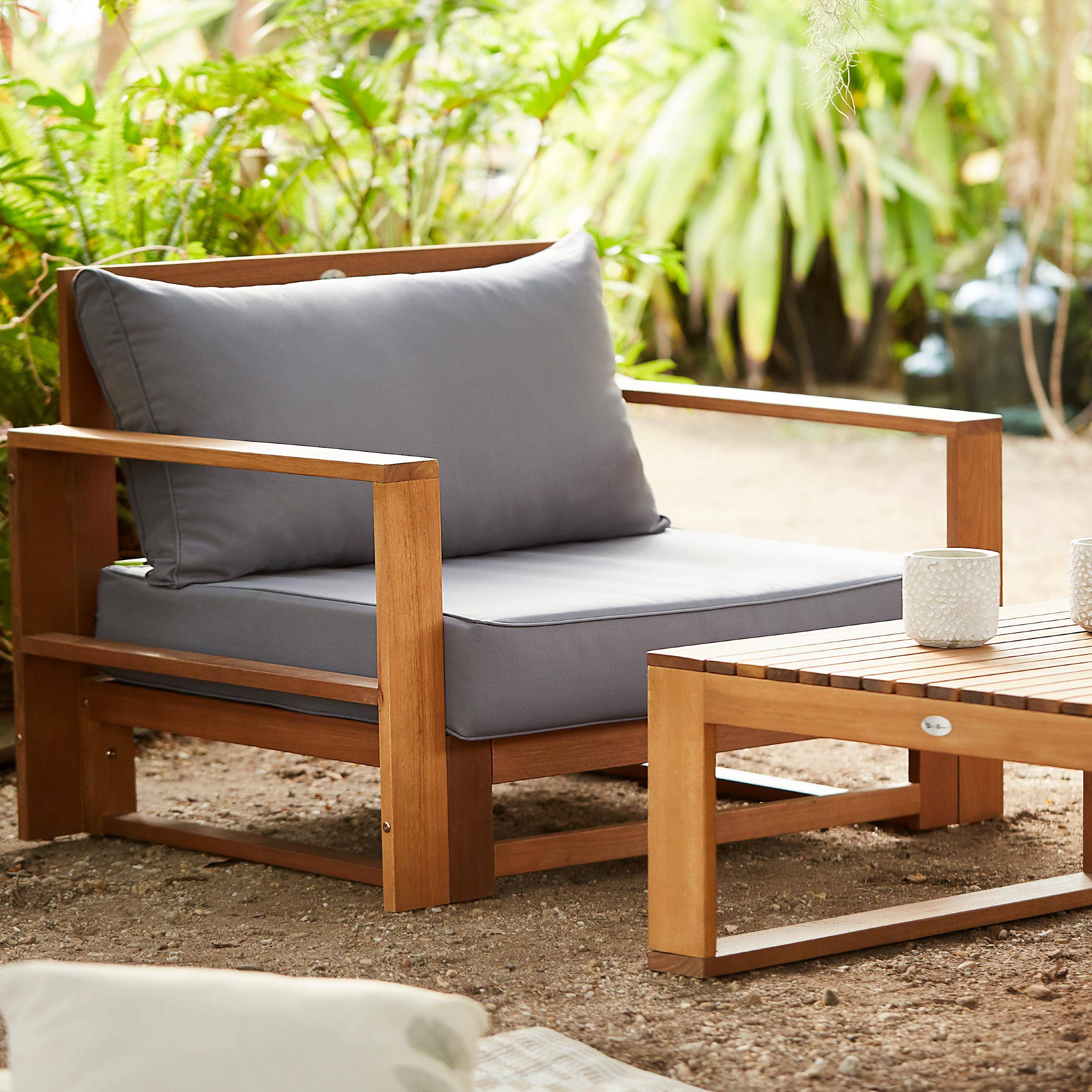 5 lugares móveis de jardim de madeira - Mendoza - almofadas cinza, sofá, poltronas e mesa de café em acácia, 6 elementos modulares, design Photo3