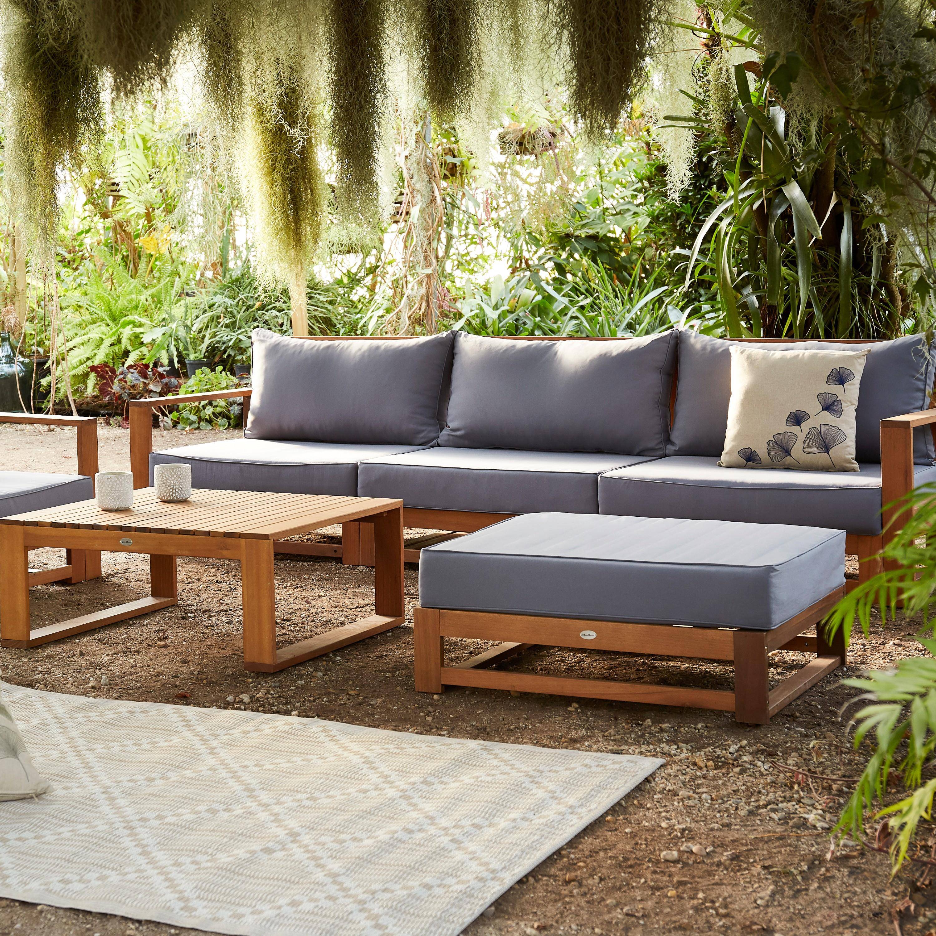 Gartenmöbel aus Holz mit 5 Sitzplätzen - Mendoza - graue Kissen, Sofa, Sessel und Couchtisch aus Akazie, 6 modulare Elemente, Design Photo1