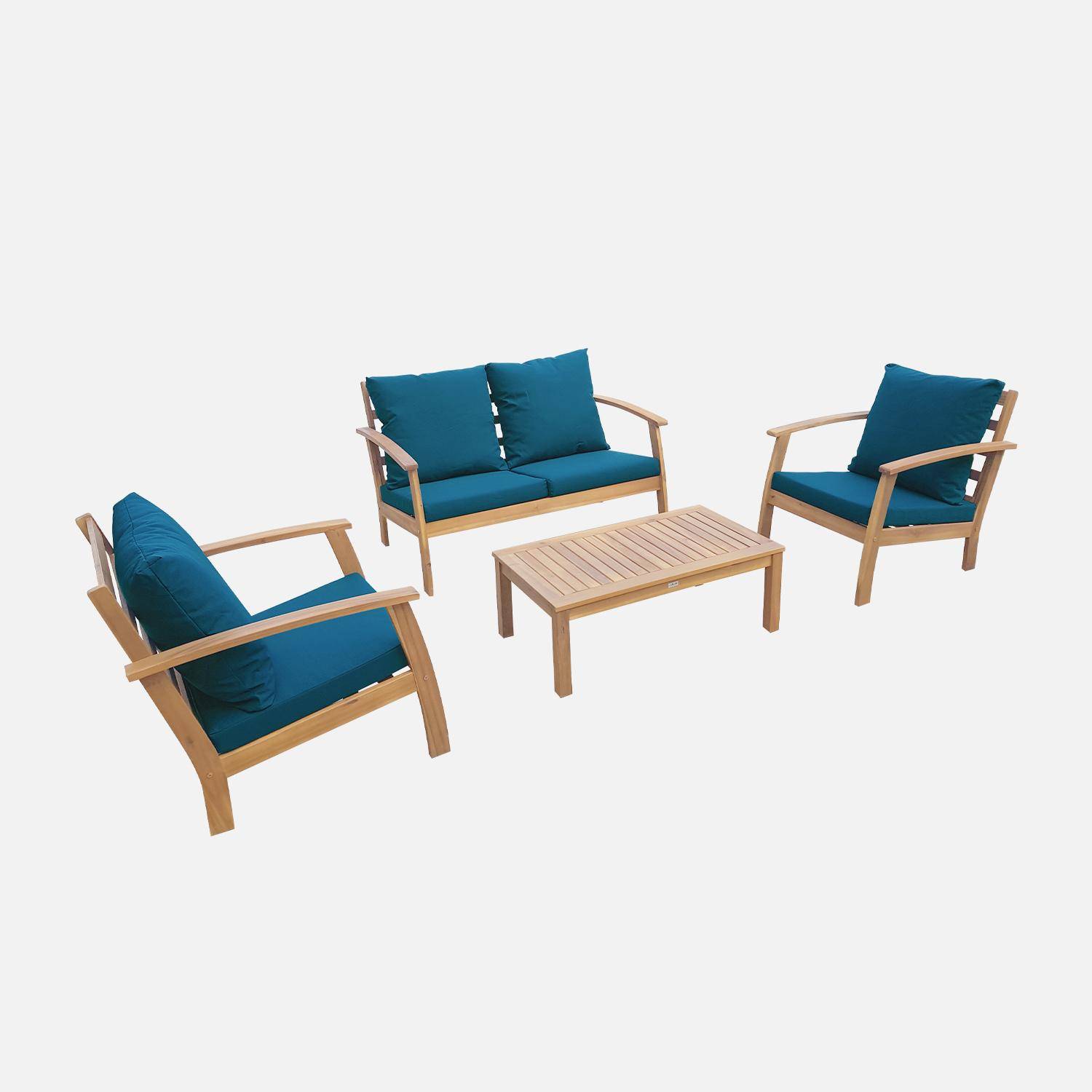 Salon de jardin en bois 4 places - Ushuaïa - Coussins bleu canard, canapé, fauteuils et table basse en acacia, design Photo2