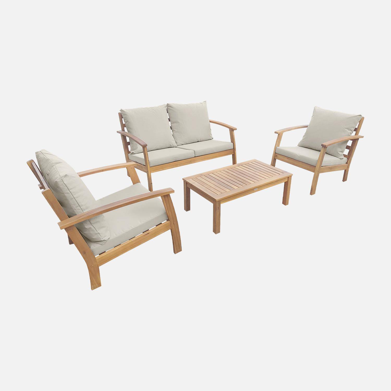 Salon de jardin en bois 4 places - Ushuaïa - Coussins écrus, canapé, fauteuils et table basse en acacia, design Photo4