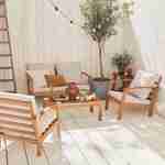 Houten loungeset 4 plaatsen - Ushuaïa -ecru kussens, bank, fauteuils en lage tafel van acacia, design Photo1