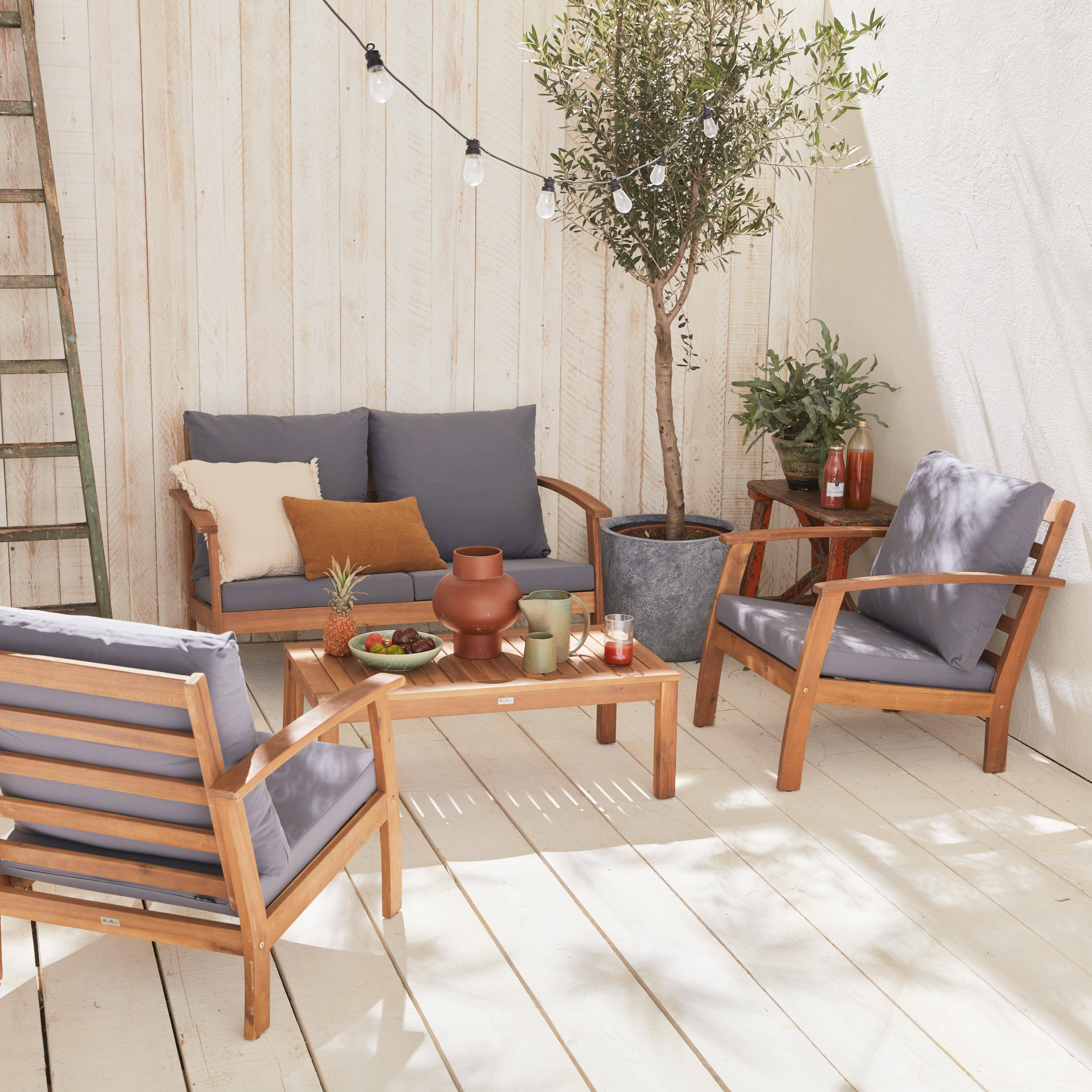 Gartengarnitur aus Holz 4 Sitze - Ushuaïa - graue Kissen, Sofa, Sessel und Couchtisch aus Akazie, Design Photo1