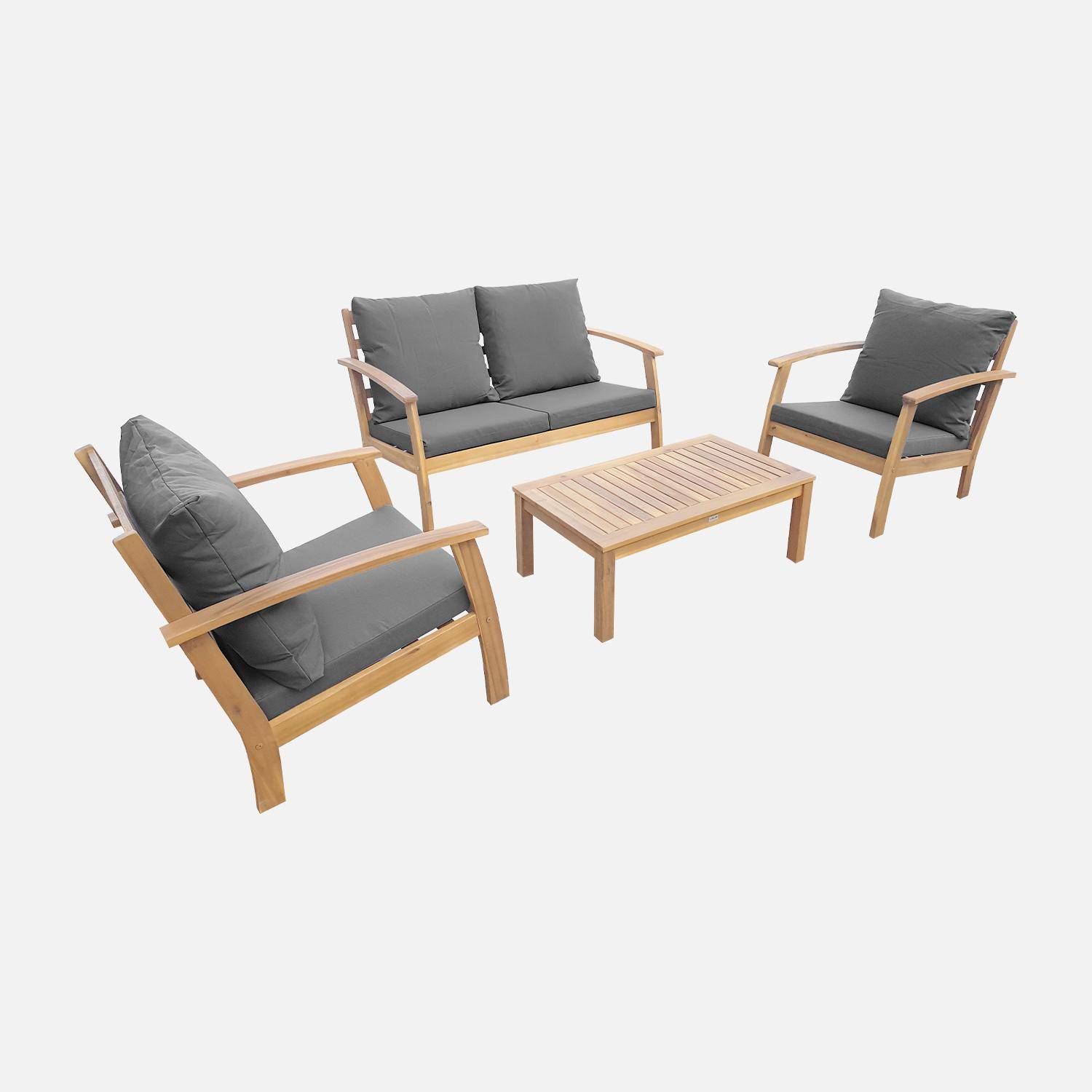 Houten loungeset 4 plaatsen - Ushuaïa - Grijs kussens, bank, fauteuils en lage tafel van acacia, design Photo2