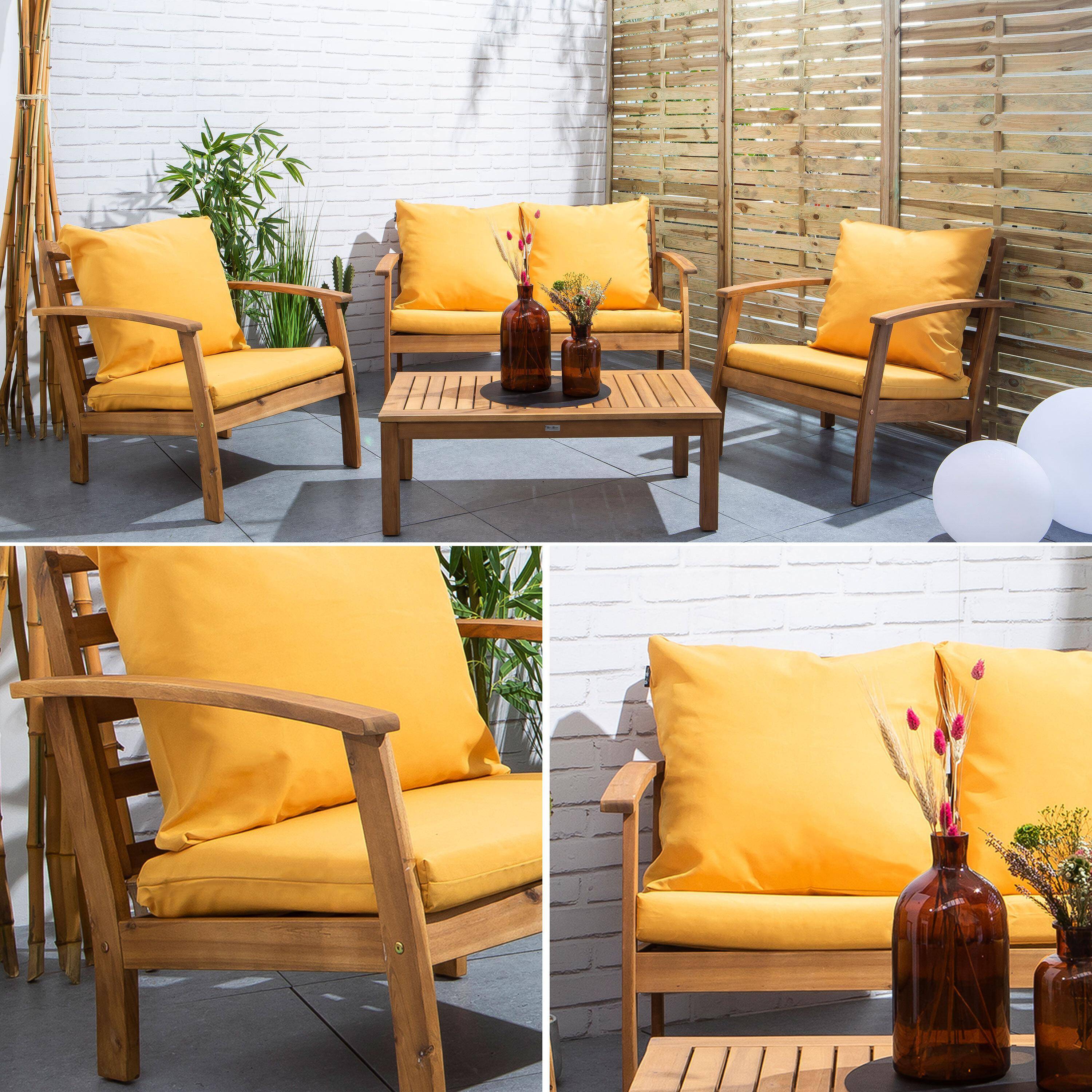 Salon de jardin en bois 4 places - Ushuaïa - Coussins moutarde, canapé, fauteuils et table basse en acacia, design Photo9