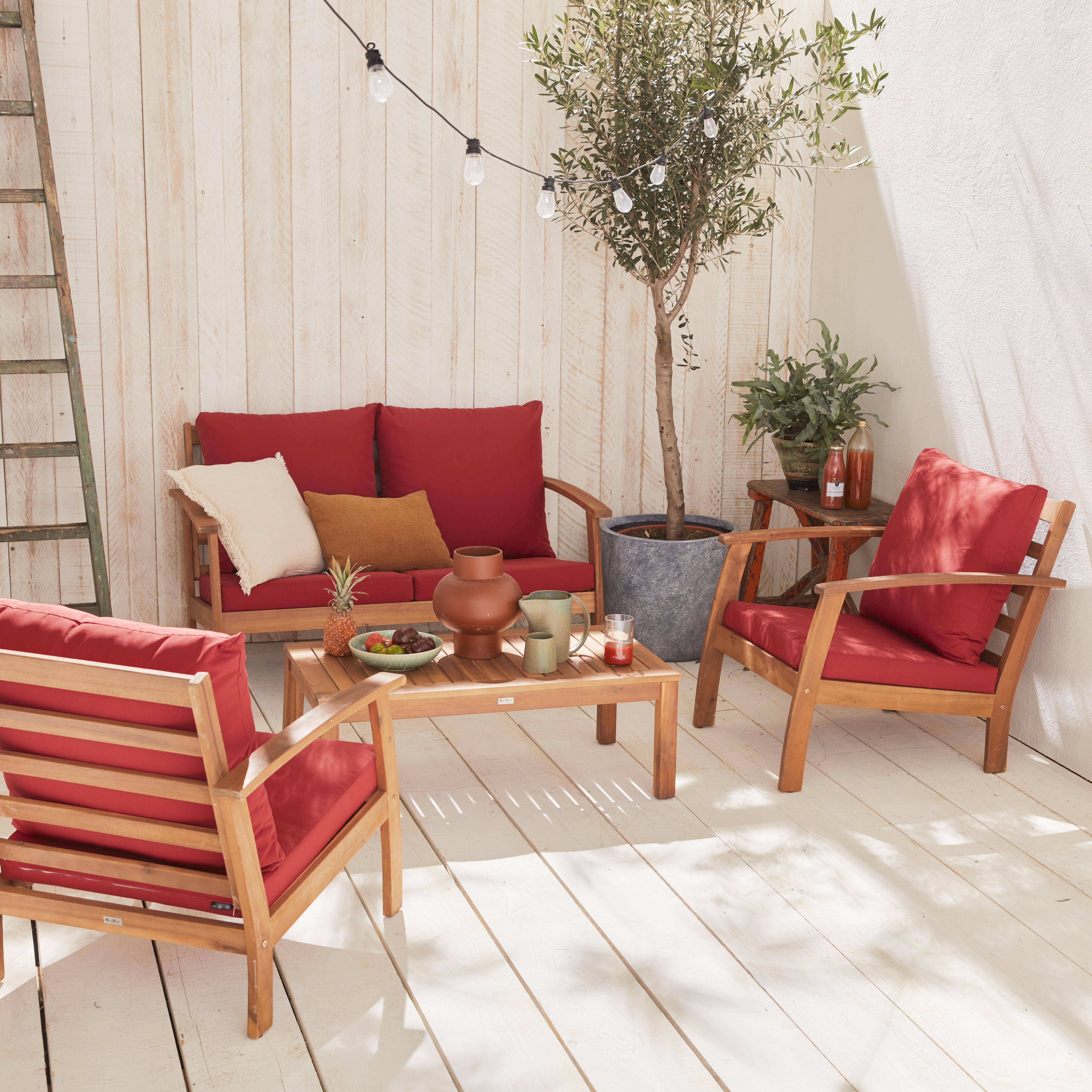 Mobília de 4 lugares em madeira para jardim - Ushuaïa - Almofadas terra cota, sofá, poltronas e mesa de centro em acácia, design  Photo1