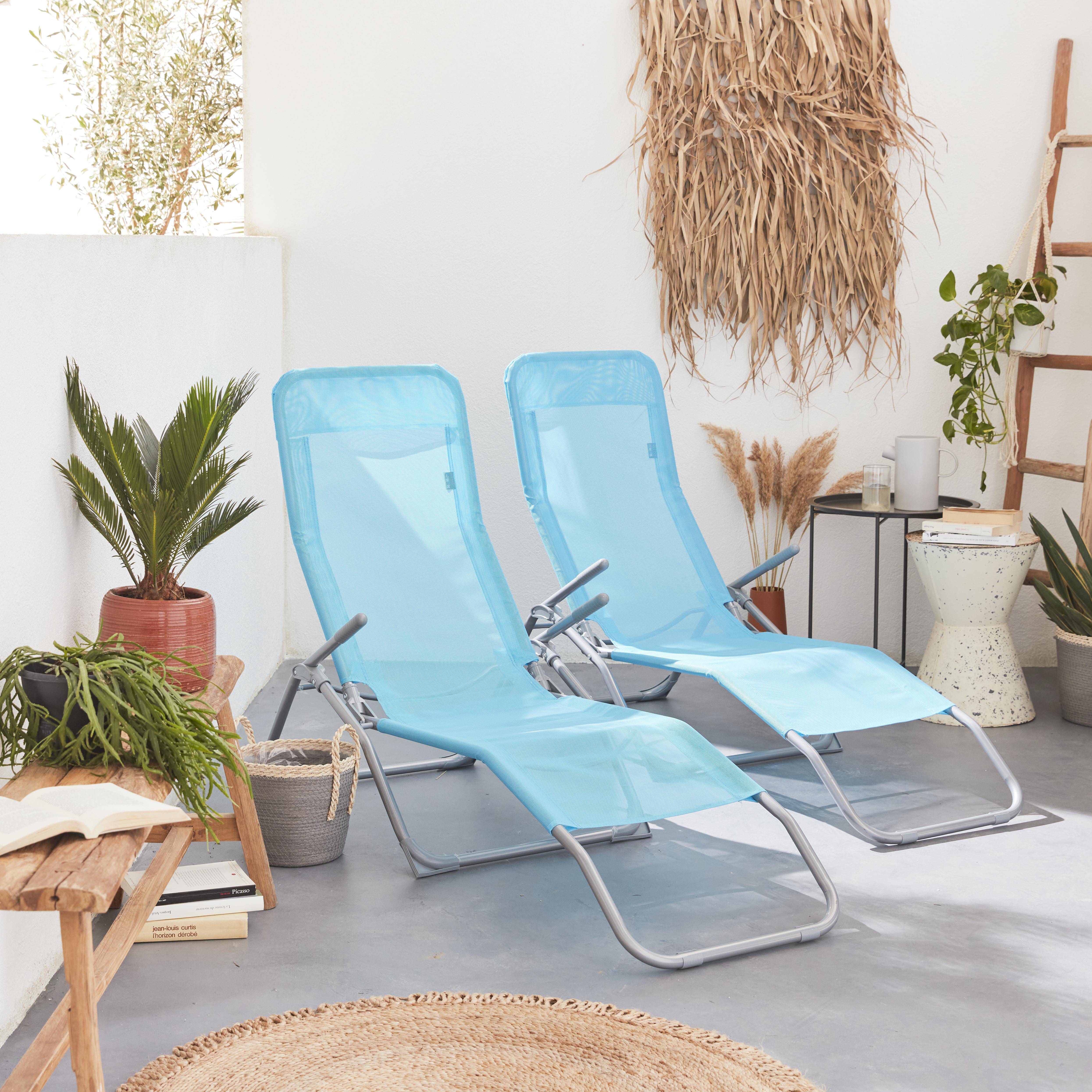 Lot de 2 bains de soleil pliants - Levito Turquoise - Transats textilène, 2 positions, chaises longues pliables Photo1