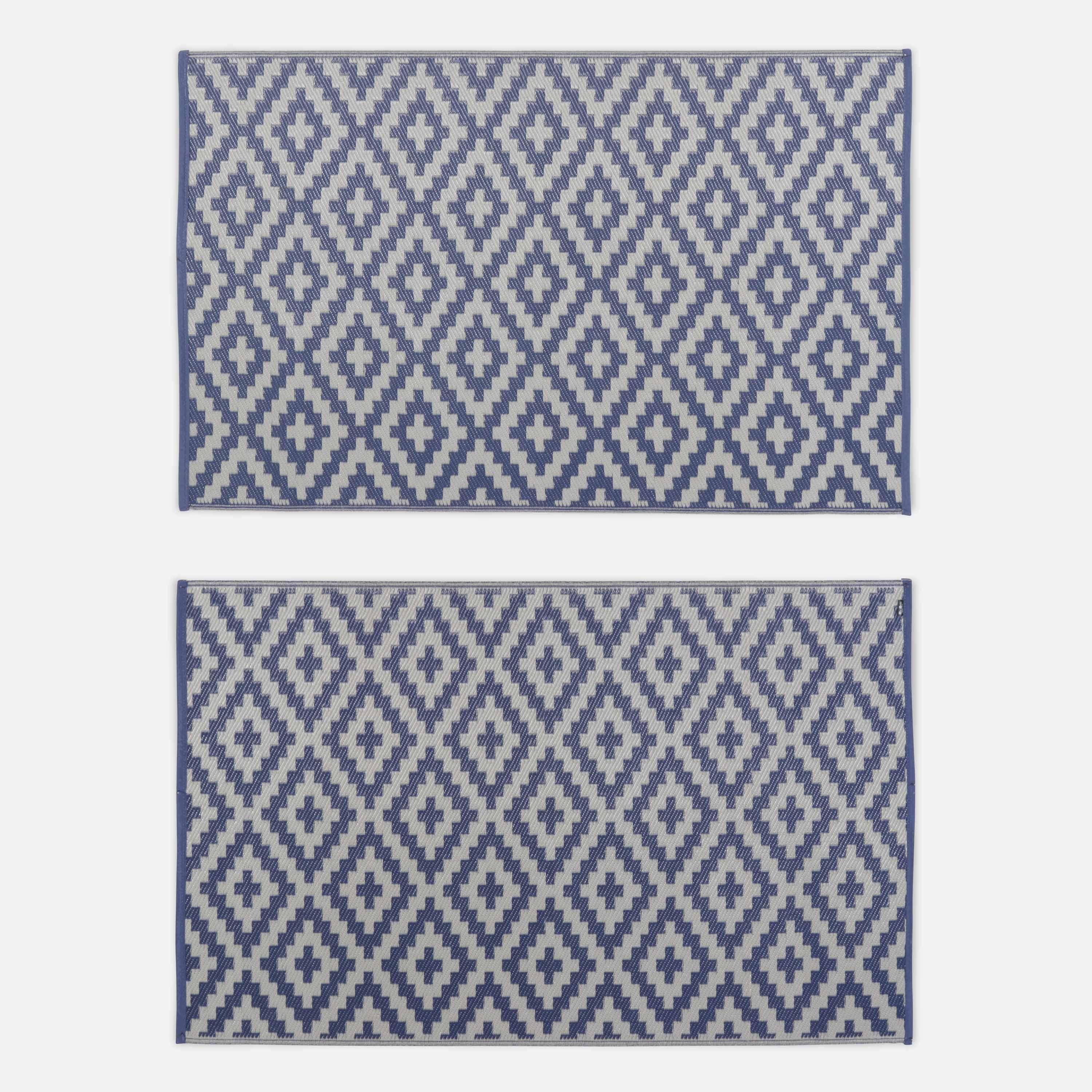 Tapis d’extérieur 120x180cm STOCKHOLM - Rectangulaire, motif losanges bleu / beige, jacquard, réversible, indoor / outdoor, Photo2