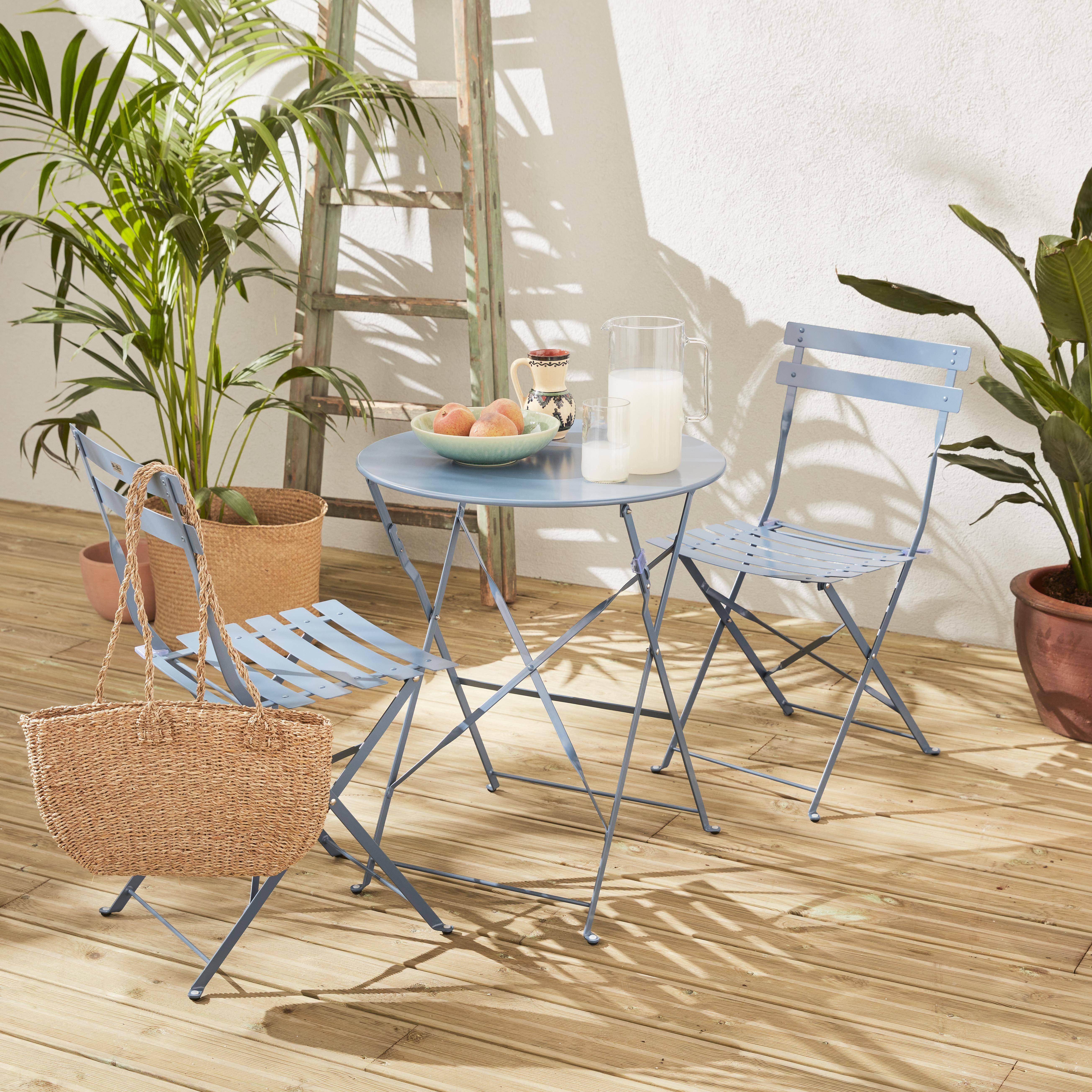 Salon de jardin bistrot pliable - Emilia rond bleu grisé - Table Ø60cm avec deux chaises pliantes, acier thermolaqué Photo1