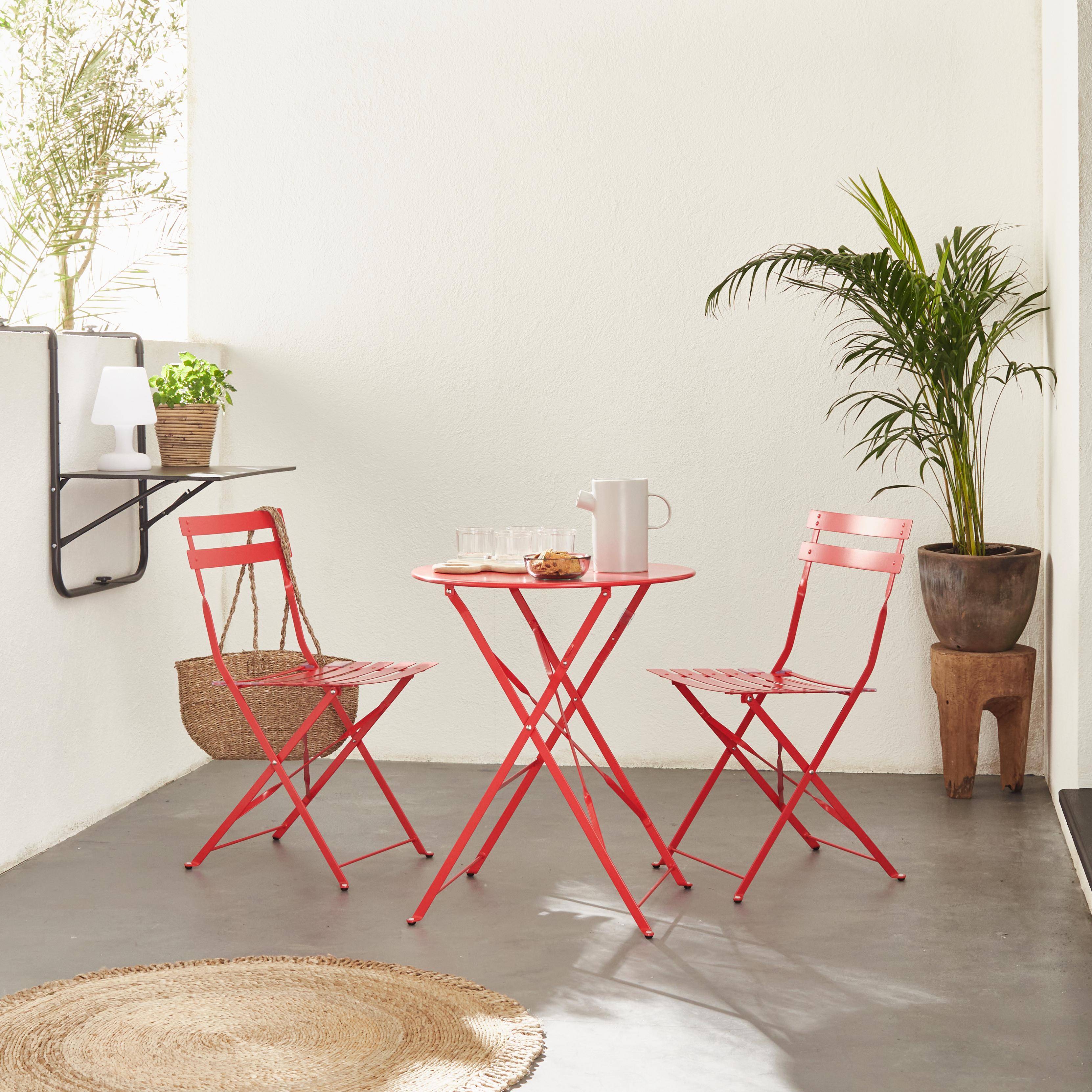 Set da giardino, bar bistro, pieghevole - modello: Emilia, rotondo, colore: Rosso Lampone - Tavolo ø60cm, con due sedie pieghevoli, acciaio termolaccato Photo1
