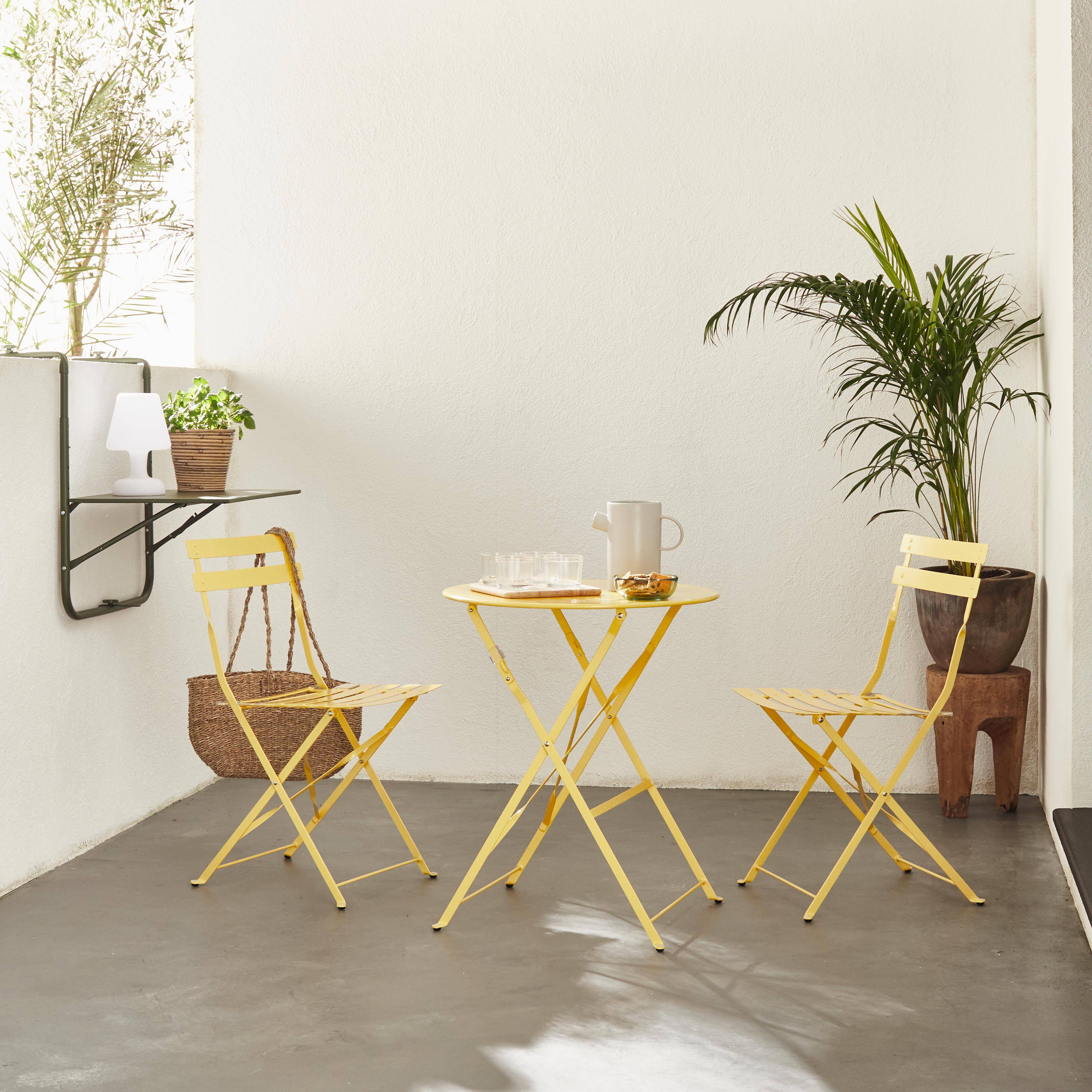 Klappbare Bistro-Gartengarnitur - Emilia rund gelb - Ø60cm Tisch mit zwei Klappstühlen aus pulverbeschichtetem Stahl Photo1