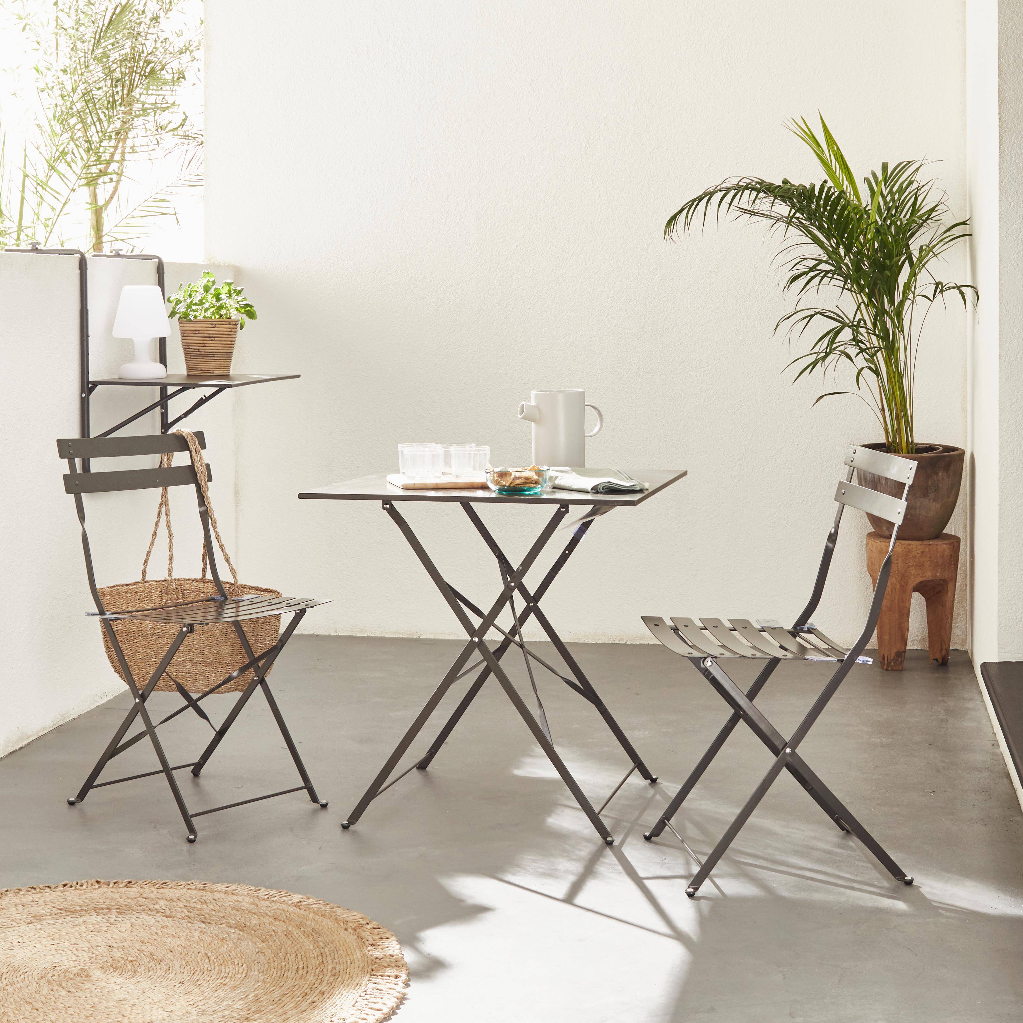 Salon de jardin bistrot pliable - Emilia carré gris anthracite - Table 70x70cm avec deux chaises pliantes, acier thermolaqué Photo1
