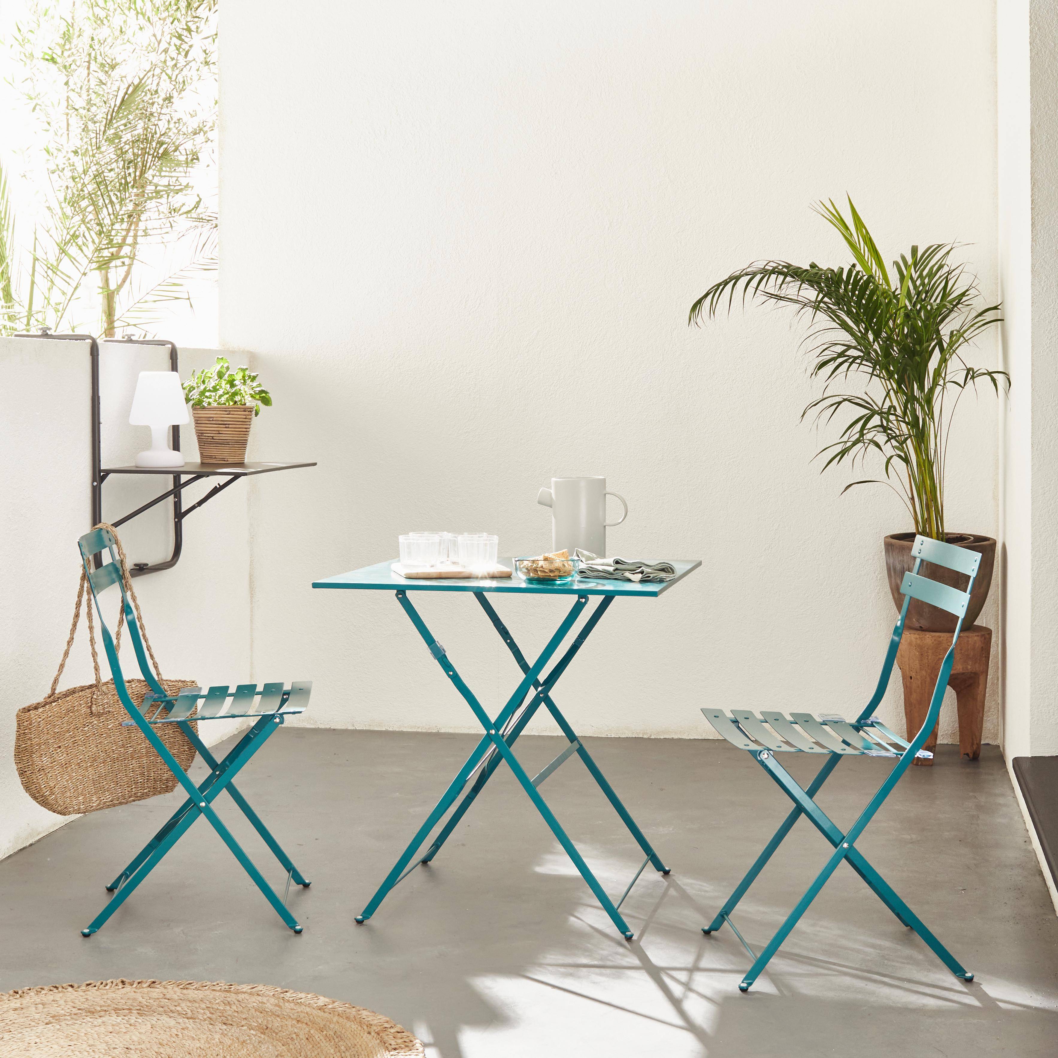 Emilia - Bistroset - 2 inklapbare stoelen en een vierkante tafel 70x70 van gepoedercoat staal  – Donker Turquoise Photo1
