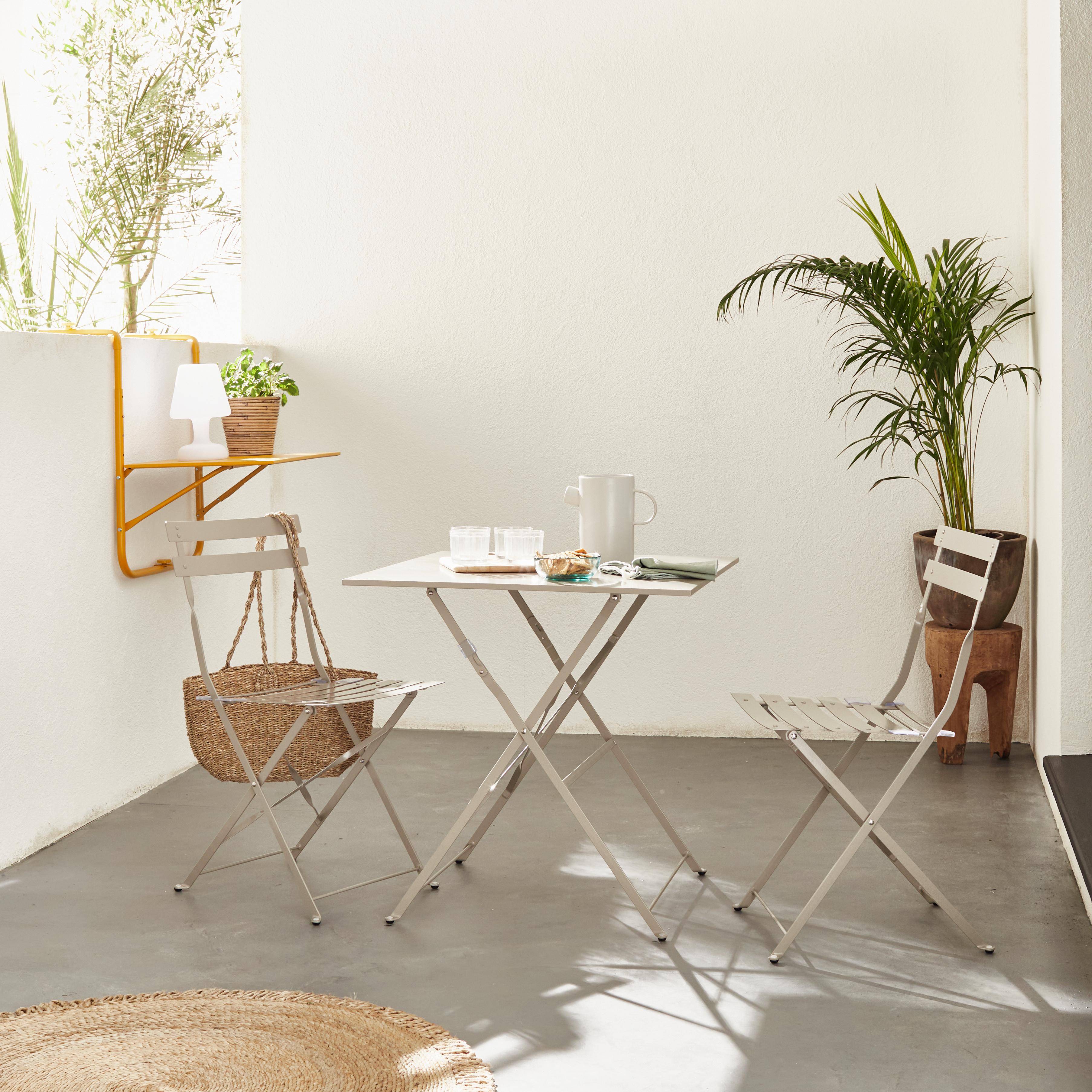 Klappbare Bistro-Gartenmöbel - Emilia taupe grau - Quadratischer Tisch 70x70cm mit zwei Klappstühlen aus pulverbeschichtetem Stahl Photo1