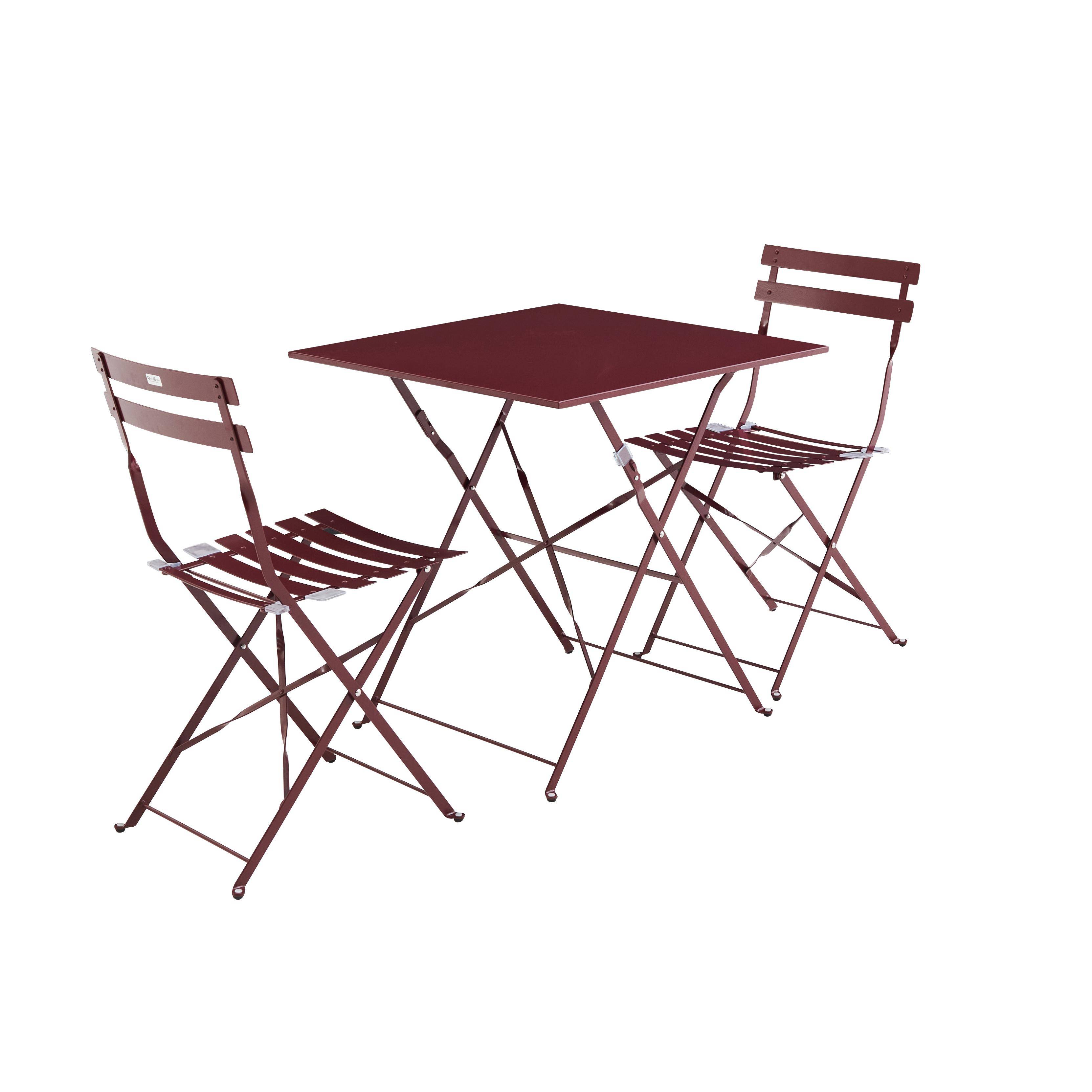 Mobiliario de jardín plegable para bistró - Emilia burdeos cuadrado - Mesa 70x70cm con dos sillas plegables, acero pintado en polvo Photo2