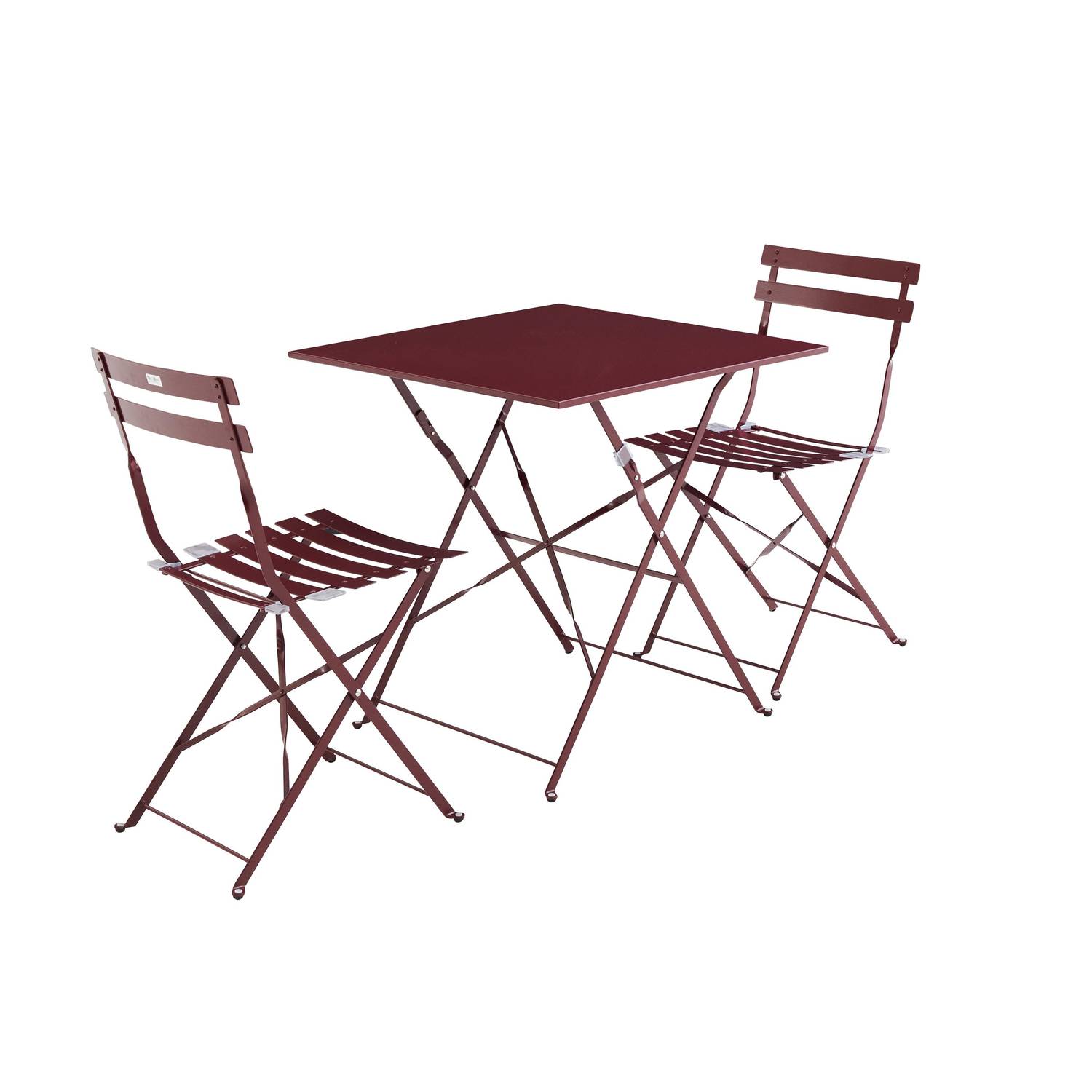 Emilia - Bistroset - 2 inklapbare stoelen en een vierkante tafel 70x70 van gepoedercoat staal  – Bordeauxrood Photo2