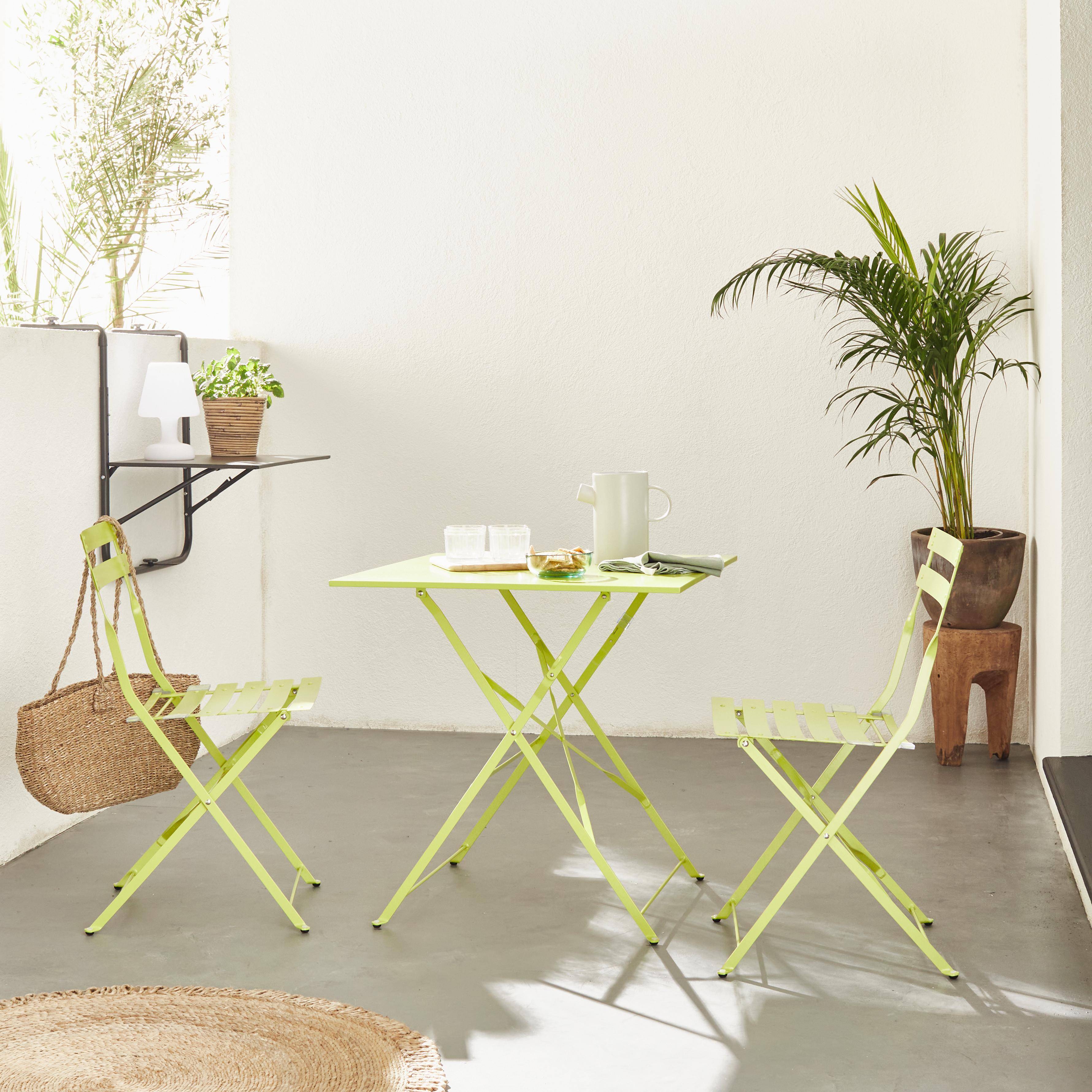 Klappbare Bistro-Gartenmöbel - Emilia quadratisch grün - Quadratischer Tisch 70x70 cm mit zwei Klappstühlen, pulverbeschichtetem Stahl, Stühlen mit gebogenen Latten Photo1