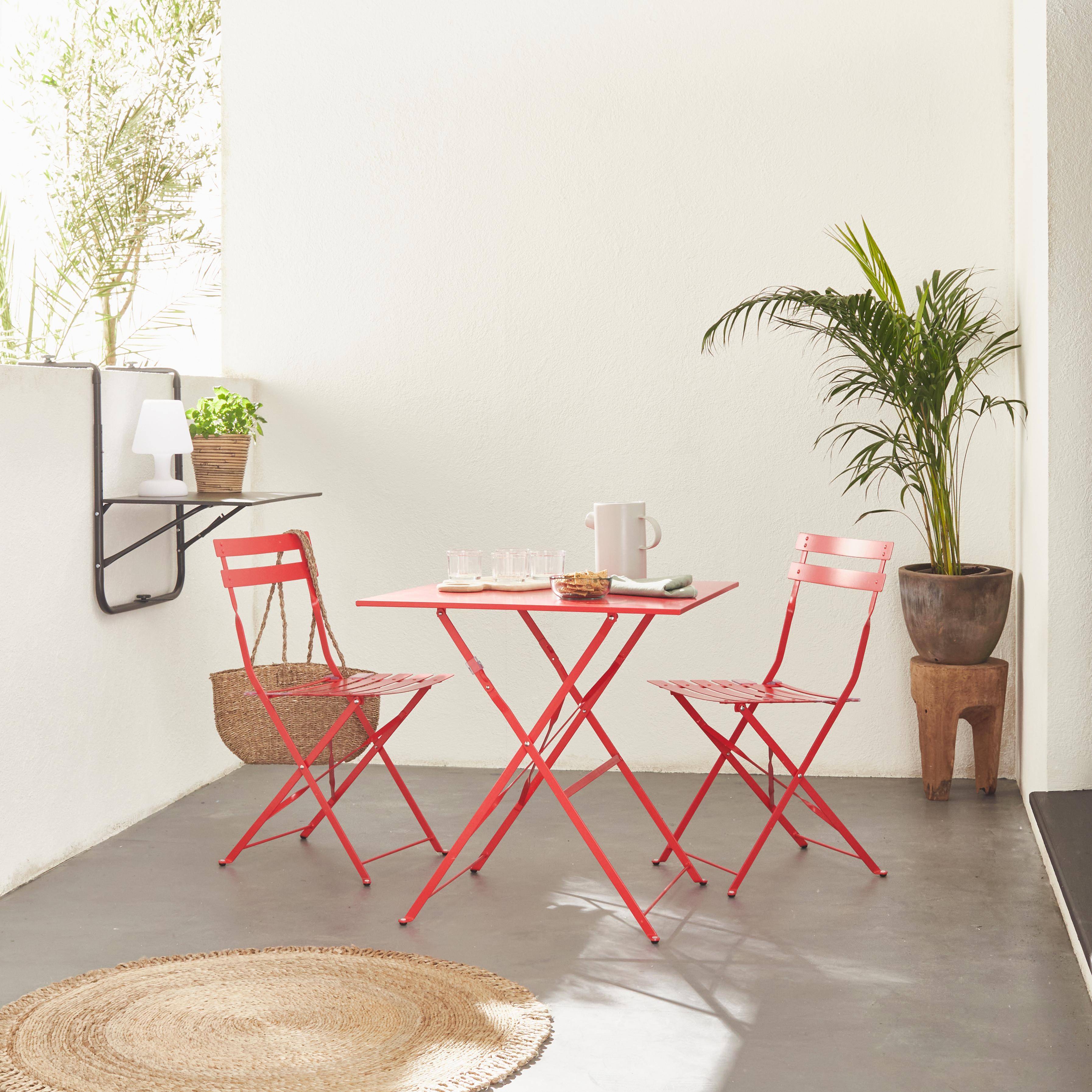 Emilia - Bistroset - 2 inklapbare stoelen en een vierkante tafel 70x70 van gepoedercoat staal – Rood Photo1