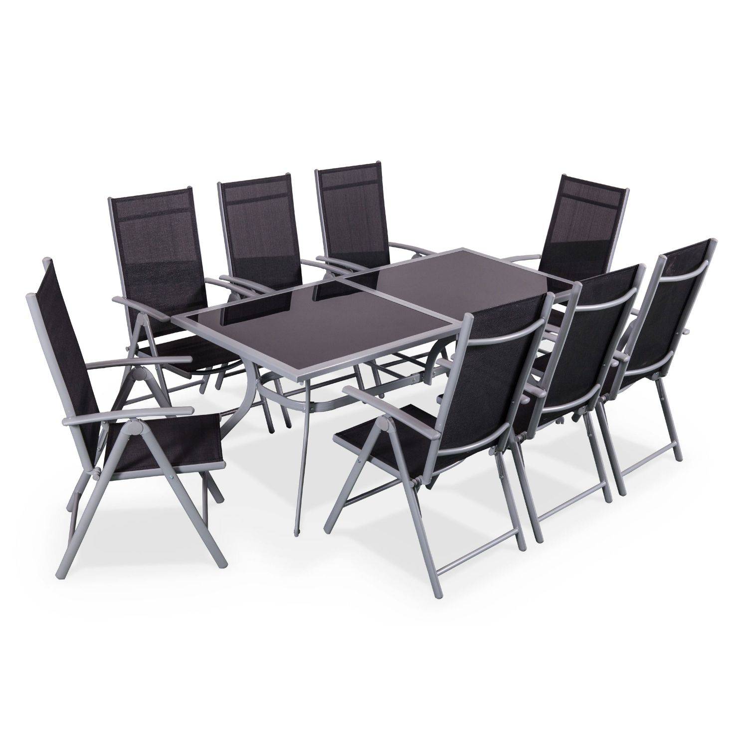 Gartengarnitur aus Aluminium und Textilene - Naevia - Grau, Schwarz - 1 großer rechteckiger Tisch, 8 Klappstühle Photo1