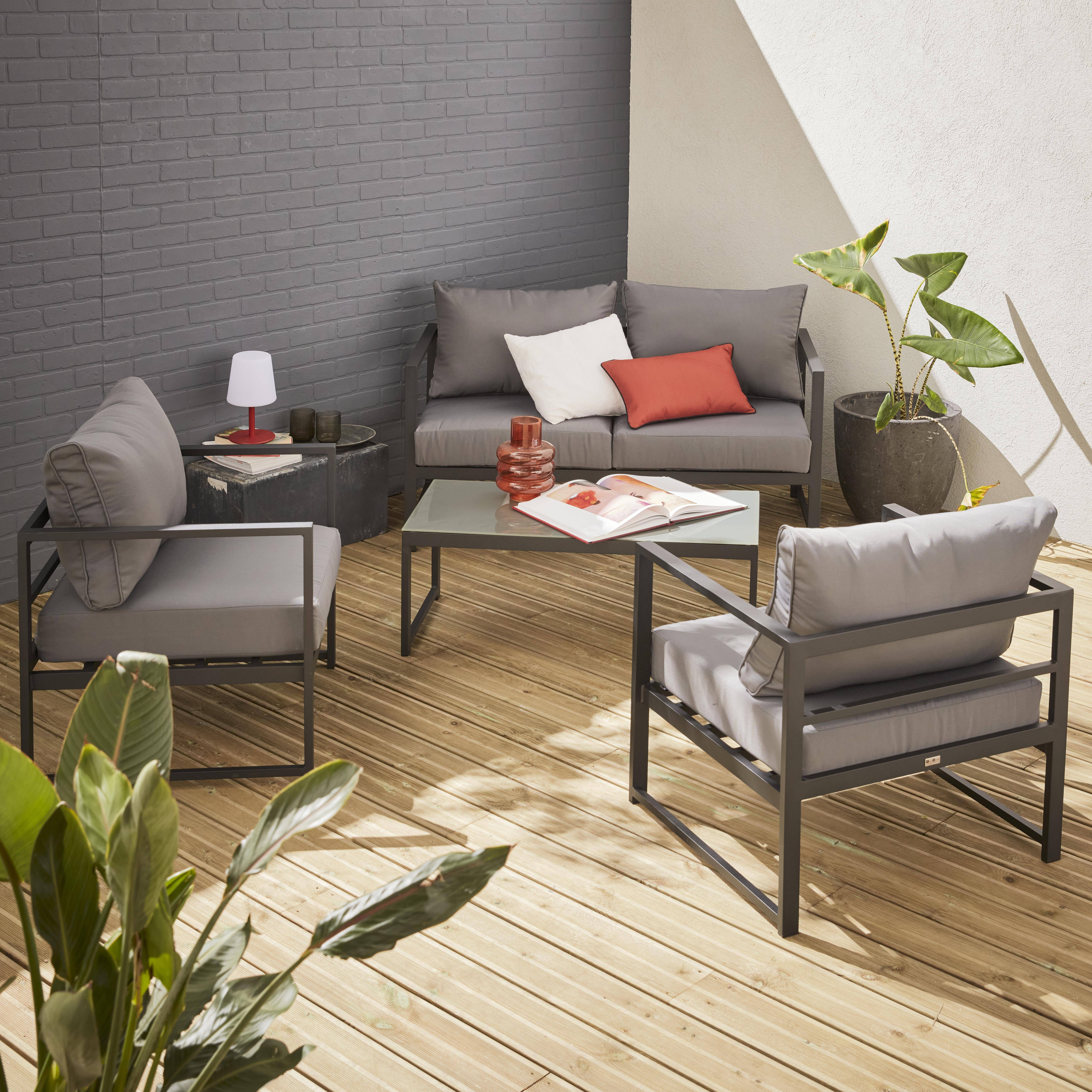 4 Sitze Gartengarnitur - Baléa Anthrazit und Grau, 4 Aluminiumelemente, dicke Kissen, Designstück Photo1