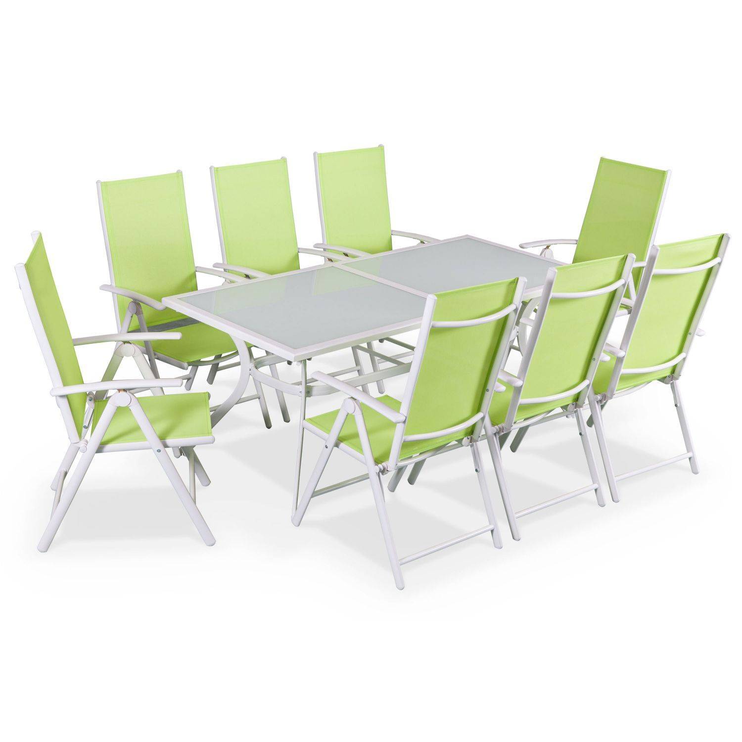 Gartengarnitur aus Aluminium und Textilene - Naevia - Weiß, Apfelgrün - 8 Sitze - 1 großer rechteckiger Tisch, 8 Klappstühle Photo1