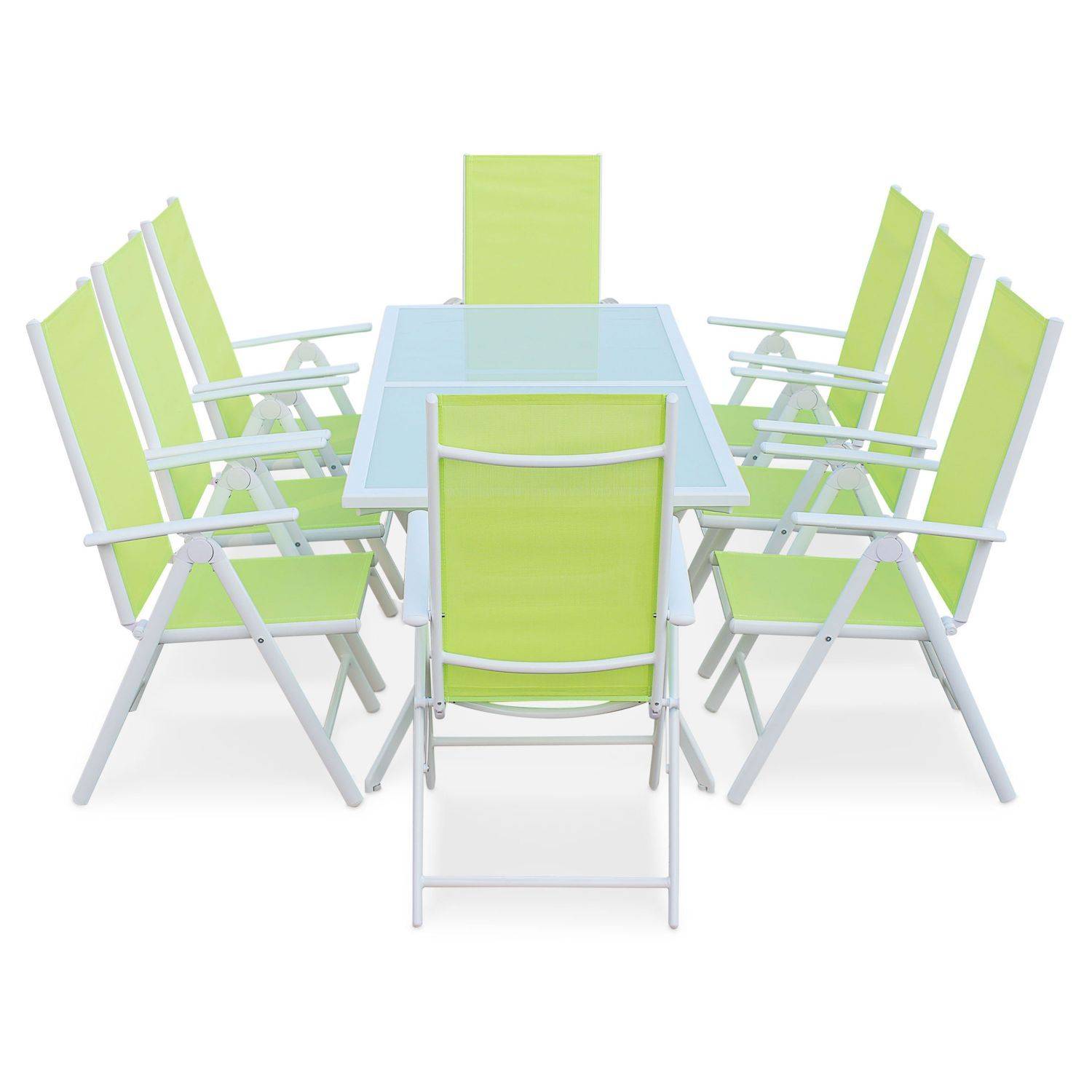 Gartengarnitur aus Aluminium und Textilene - Naevia - Weiß, Apfelgrün - 8 Sitze - 1 großer rechteckiger Tisch, 8 Klappstühle Photo2
